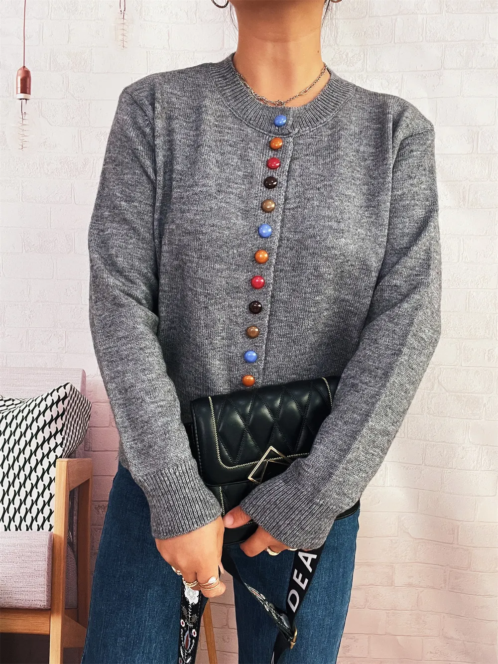 Button-Front Cardigan with Colorful Detail Buttons, image 26