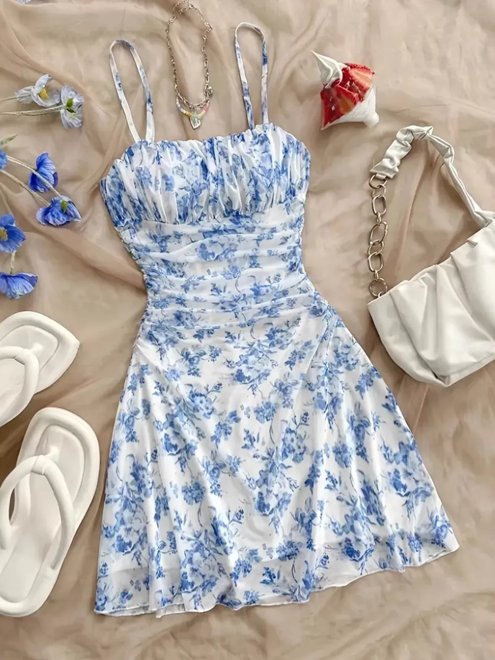 Floral Ruched Spaghetti Strap Mini Dress, image 5