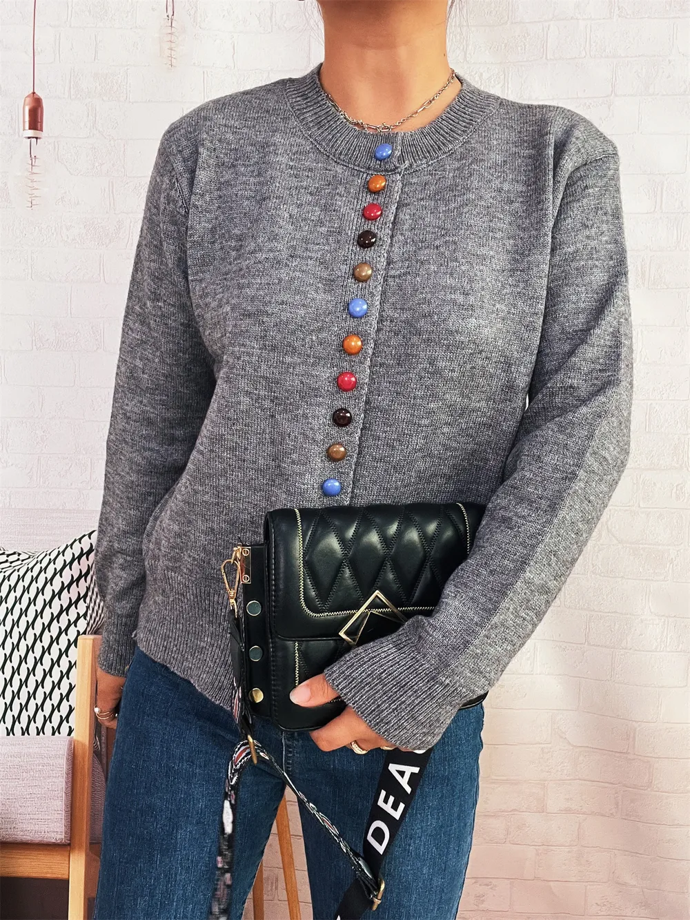Button-Front Cardigan with Colorful Detail Buttons, image 27