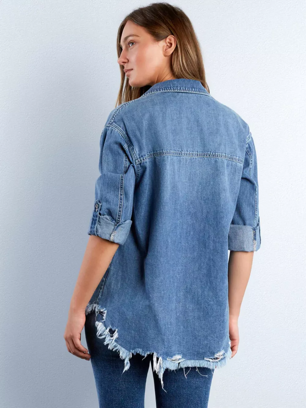 Frayed Hem Roll-Up Sleeve Denim Shirt, image 5