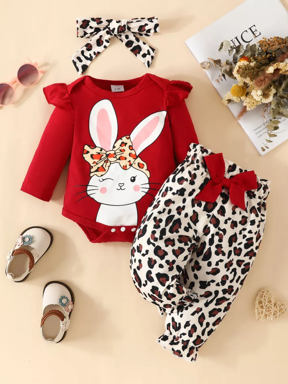 Children's Bunny Long Sleeve Bodysuit and Pants Set with Headscarf, image 3