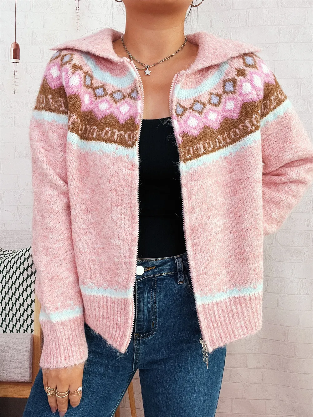Fair Isle Pattern Zip-Up Cardigan, image 16