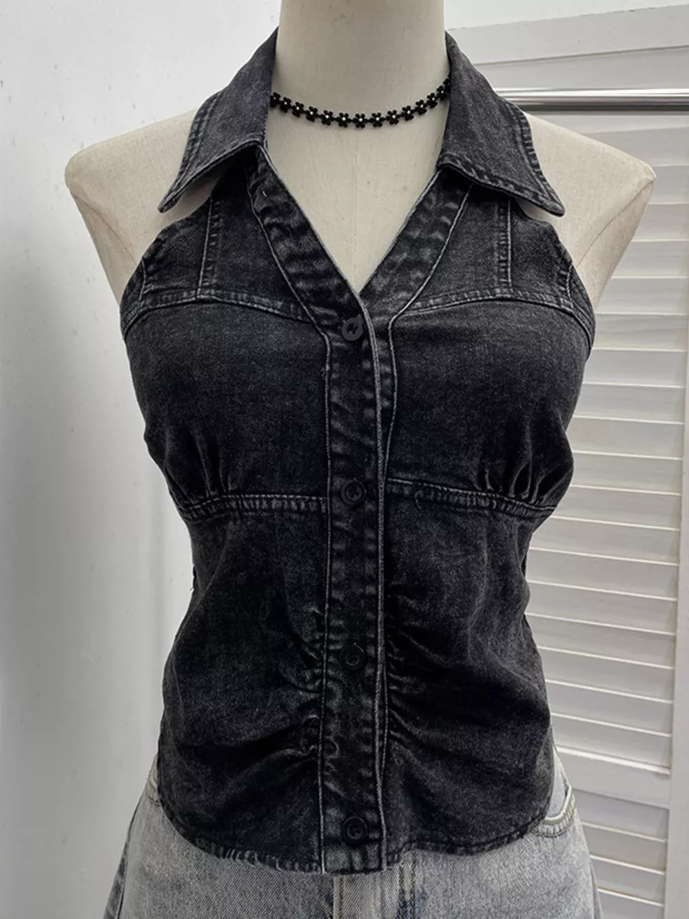 Smocked Denim Halter Collar Top, image 8