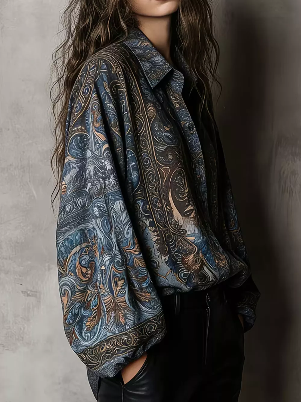 Full Size Vintage Print Long Sleeve Oversized Blouse Plus Size, image 3