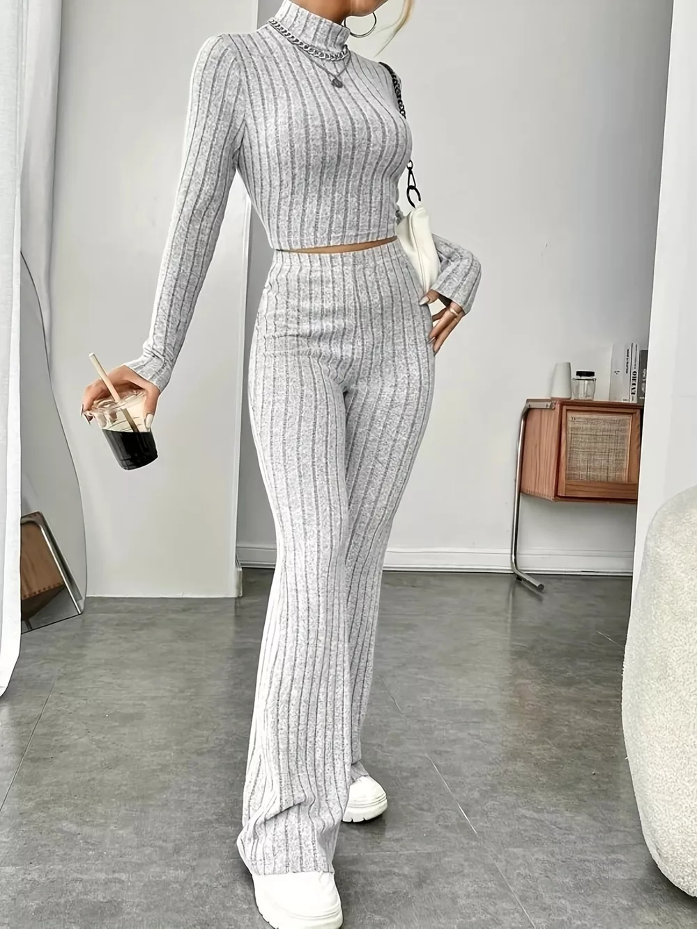 Ribbed Turtleneck Crop Top and Flare Pants Sweater Set, image 6
