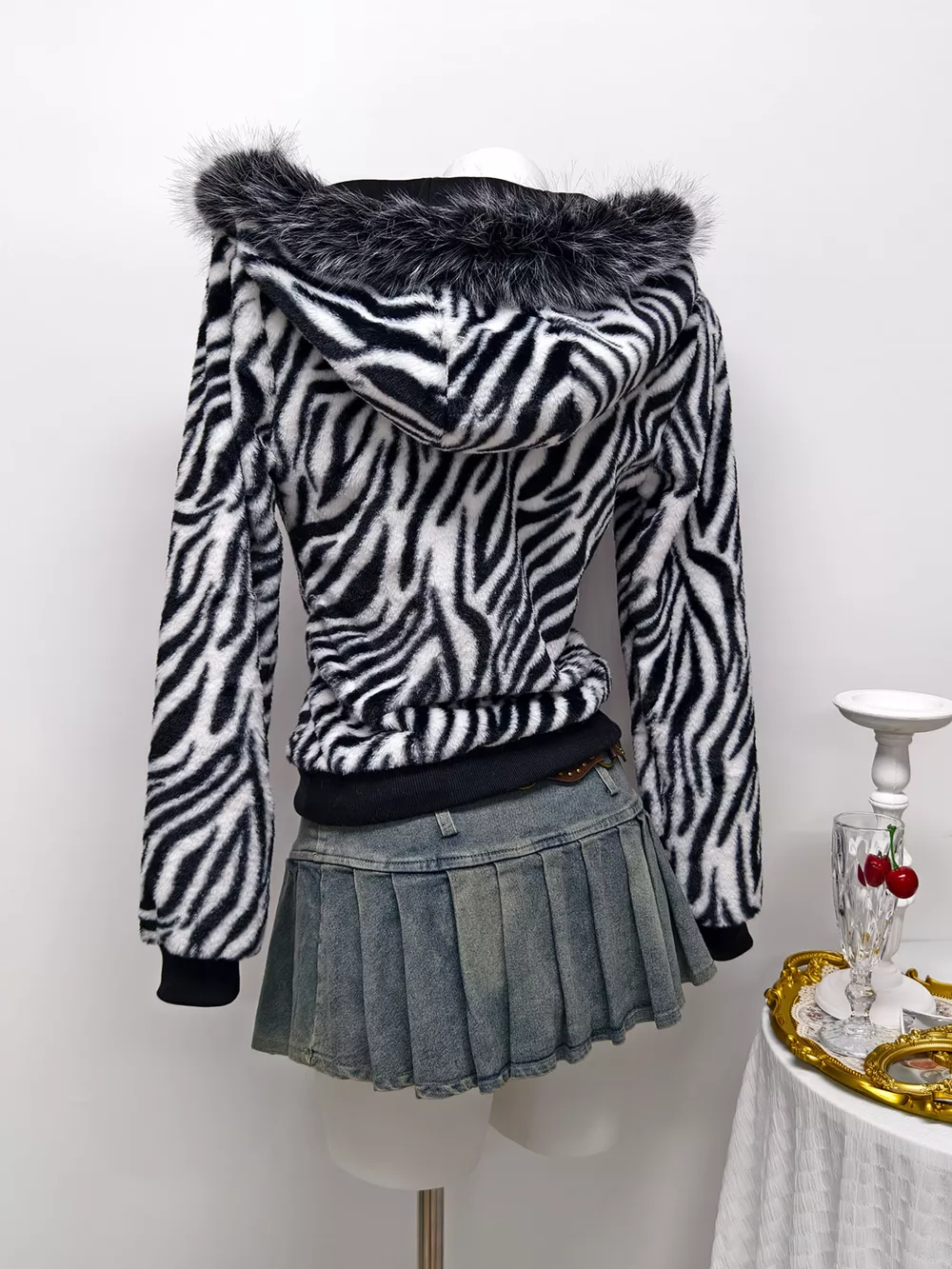Zebra Faux Fur Hooded Zip-Up Outerwear, image 5