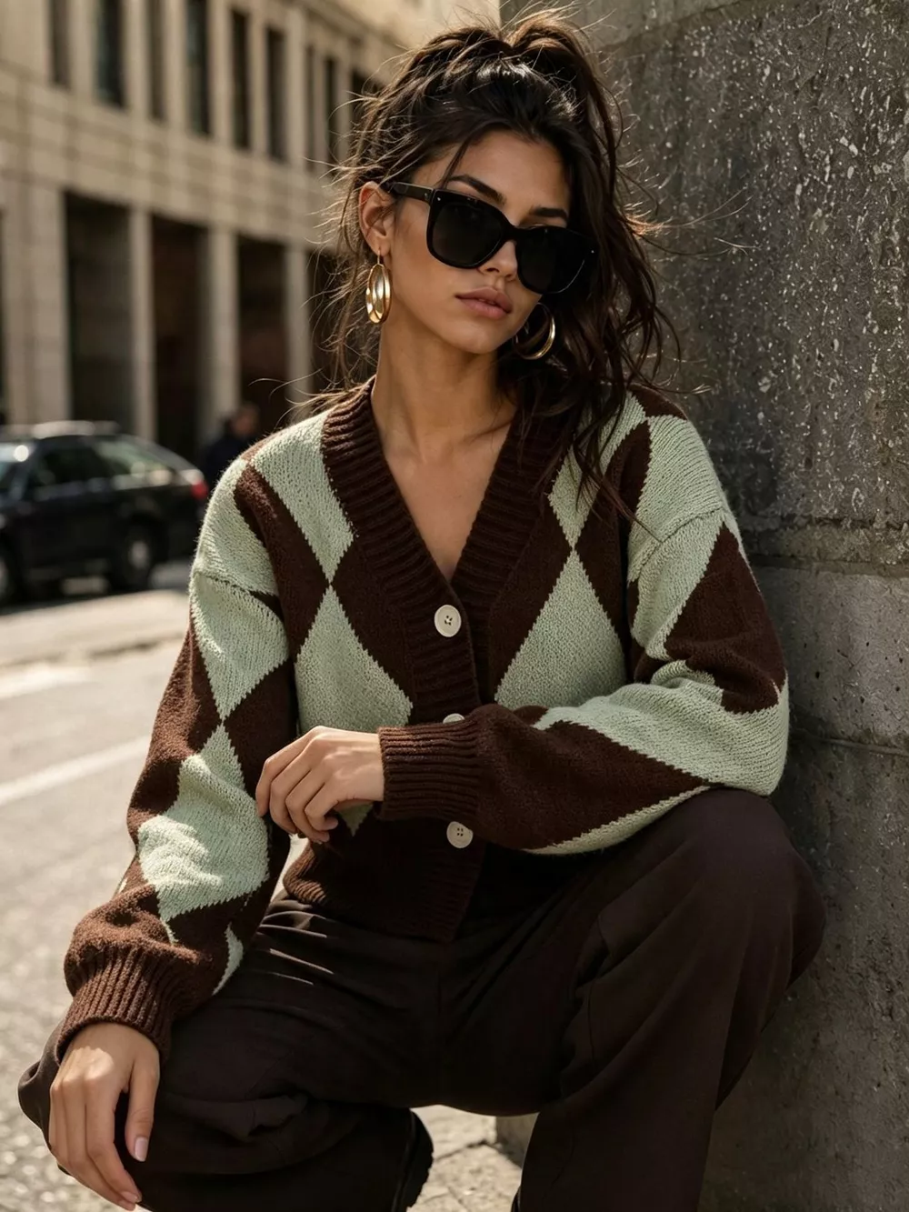 Argyle Pattern V-Neck Button-Down Cardigan, image 10