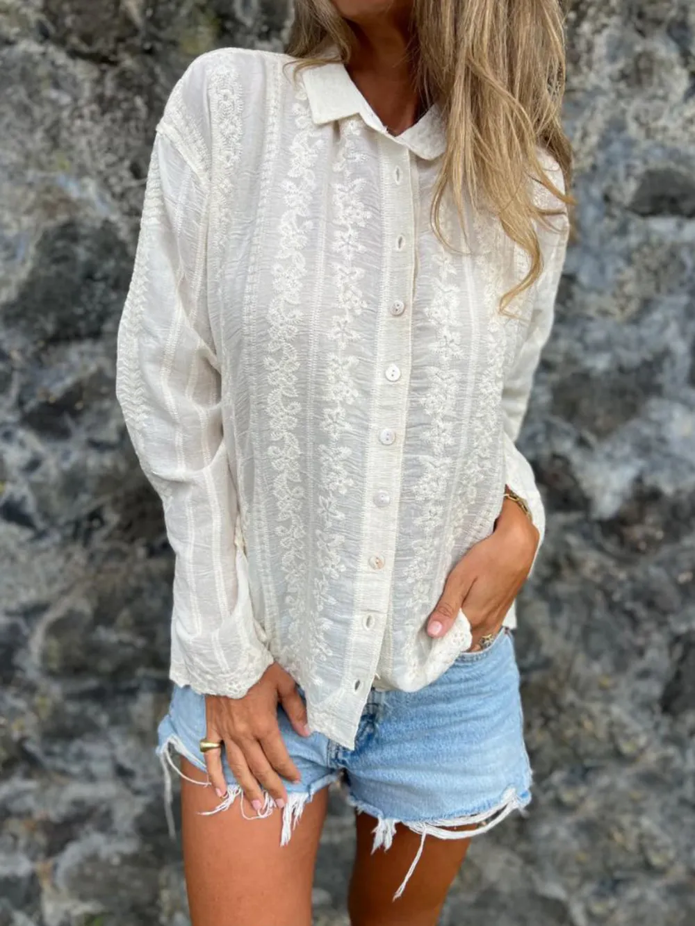 Floral Embroidered Button Down Shirt, image 9