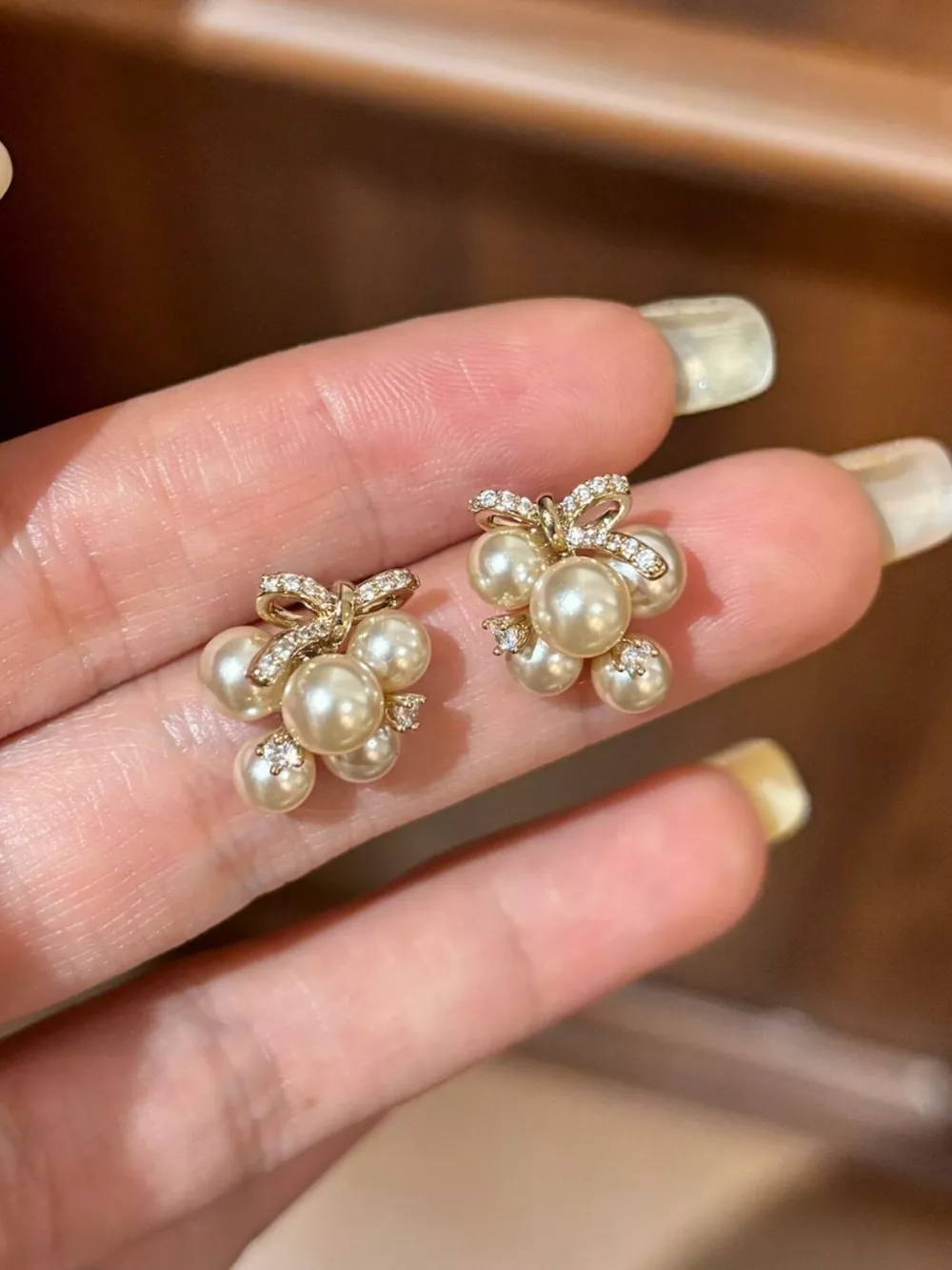 Pearl Cluster Bow Earrings, image 2