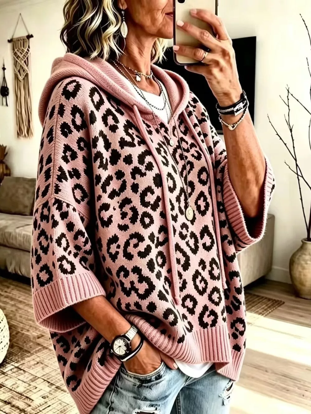 Drawstring Leopard Hooded Sweater, image 13