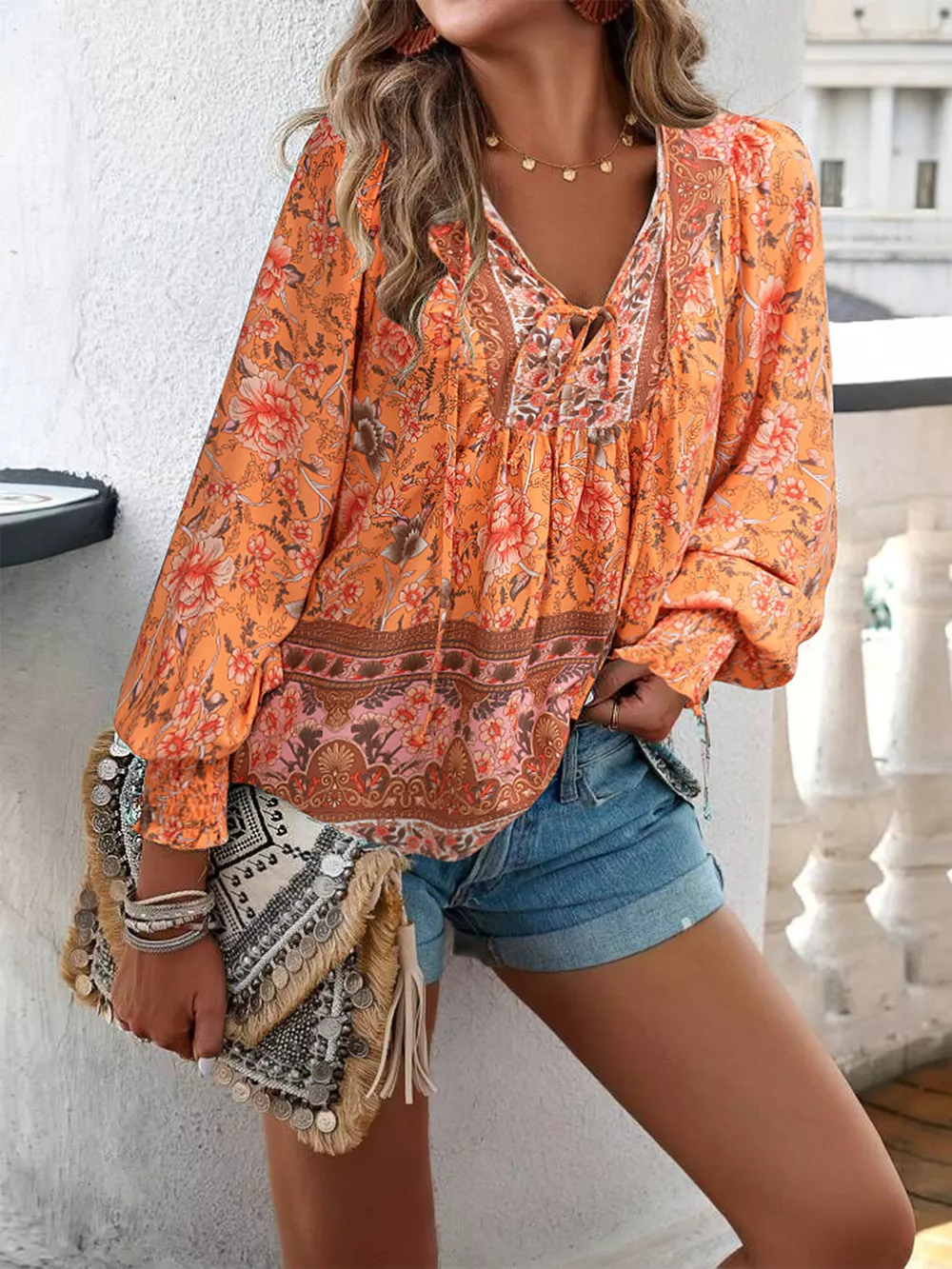 Floral Print Tie-Neck Blouse with Smocked Cuffs, image 12