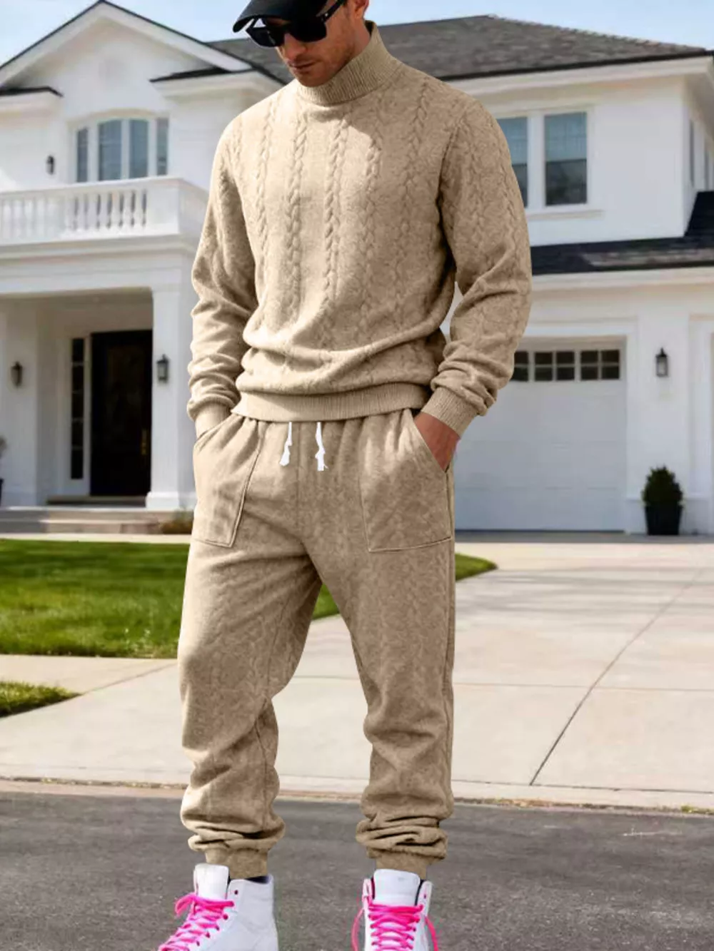 Men's Full Size Cable Knit Mock Neck Sweater and Joggers Set Plus Size, image 11