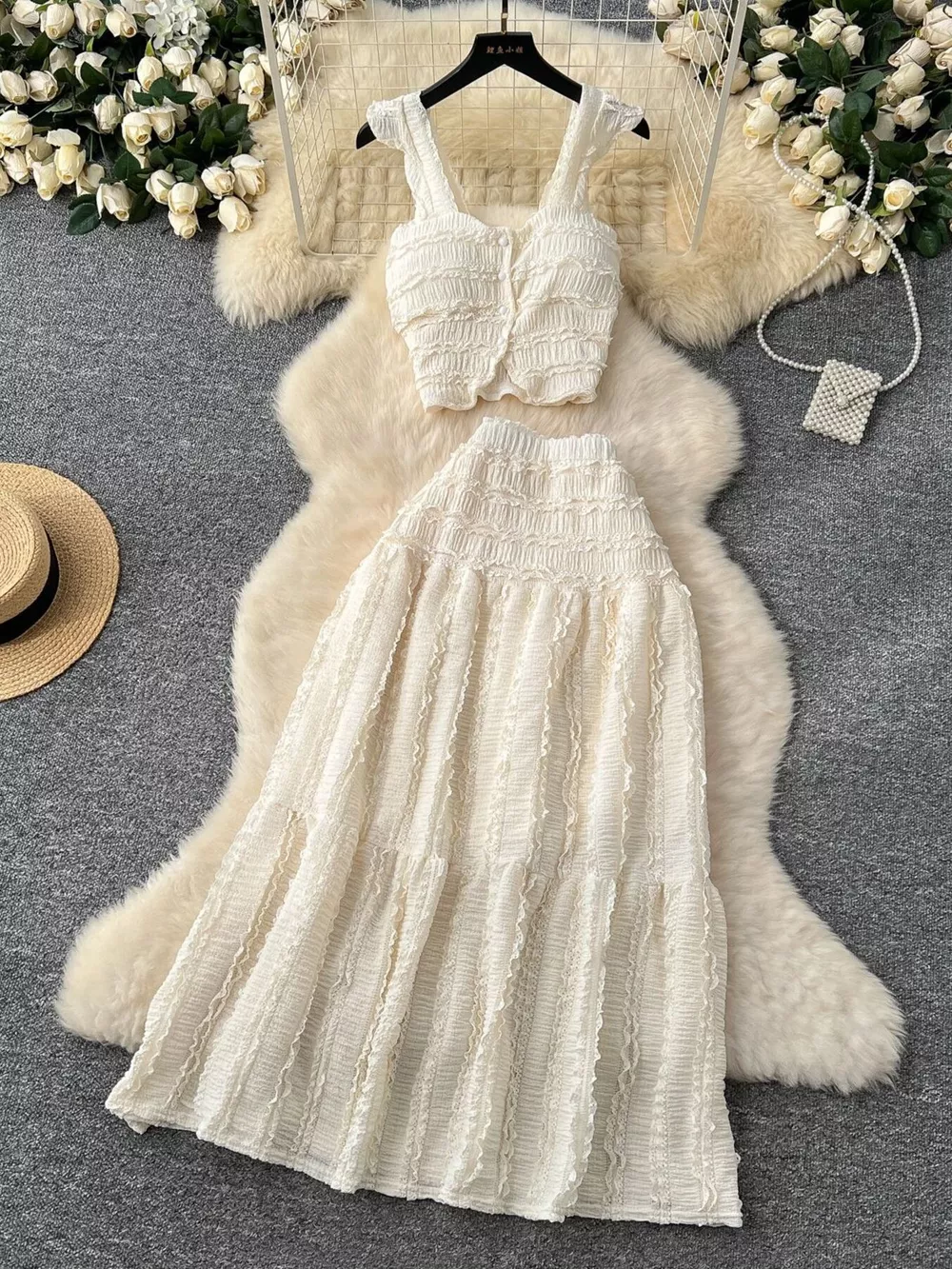 Textured Crop Top and Tiered Skirt Set