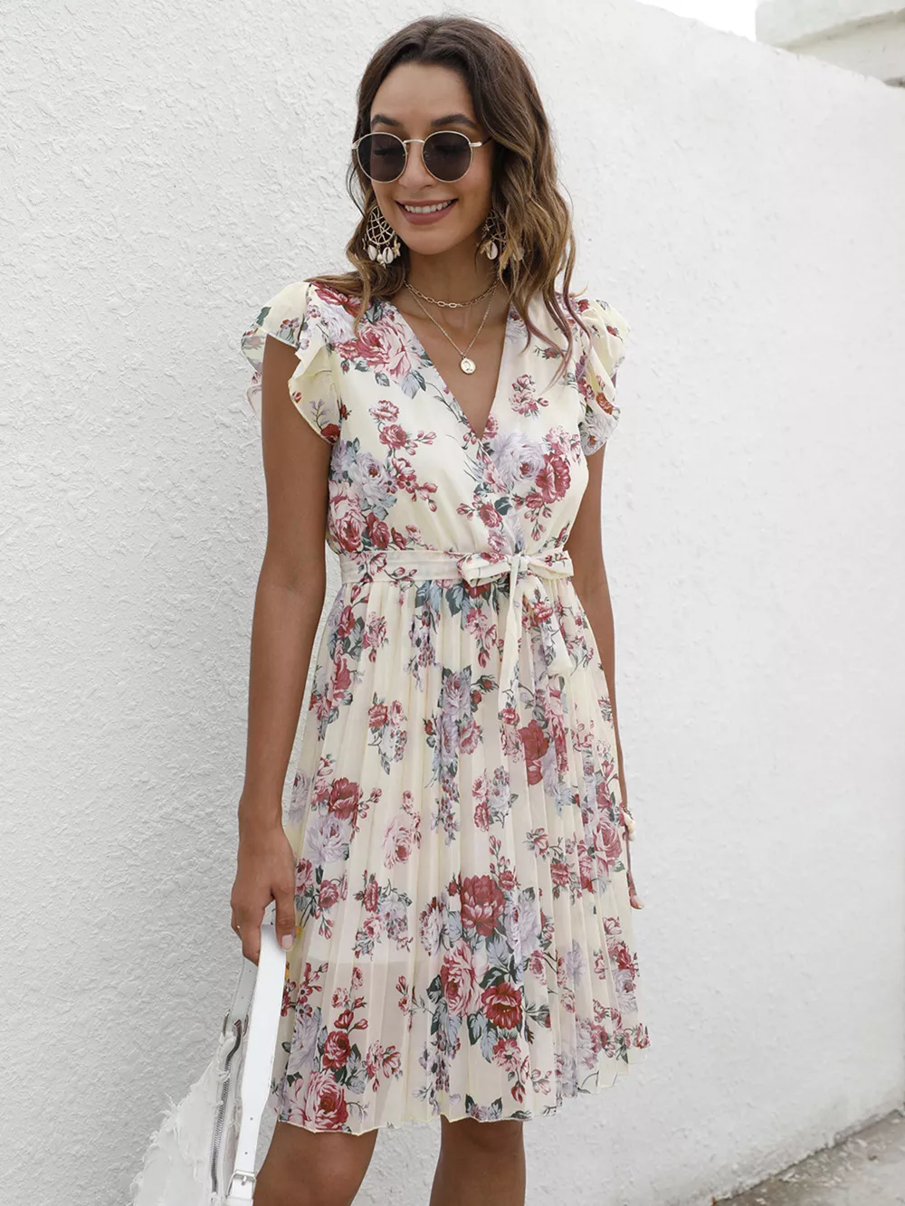 Pleated Floral Print Ruffle Sleeve Dress, image 16