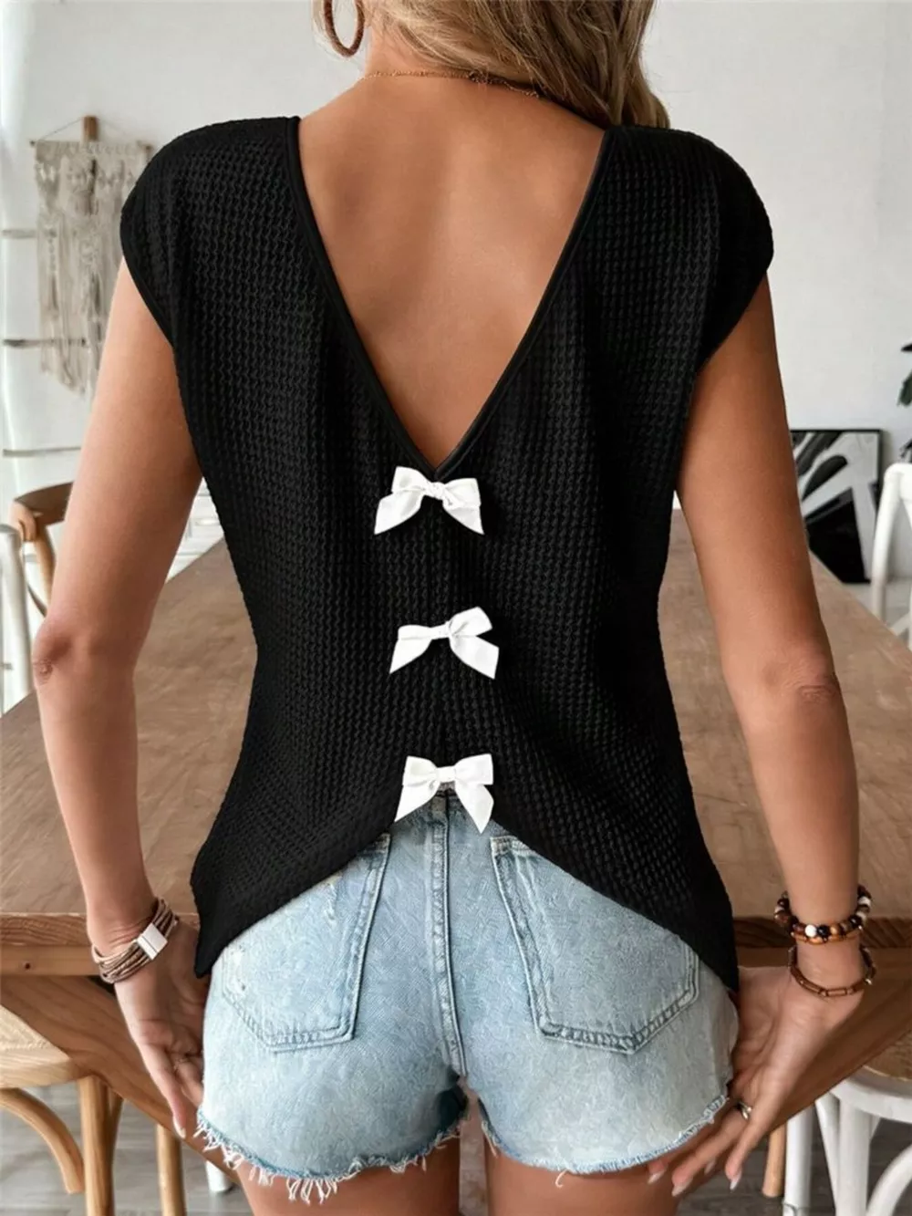 Waffle Knit V-Neck Cap Sleeve Top, image 12