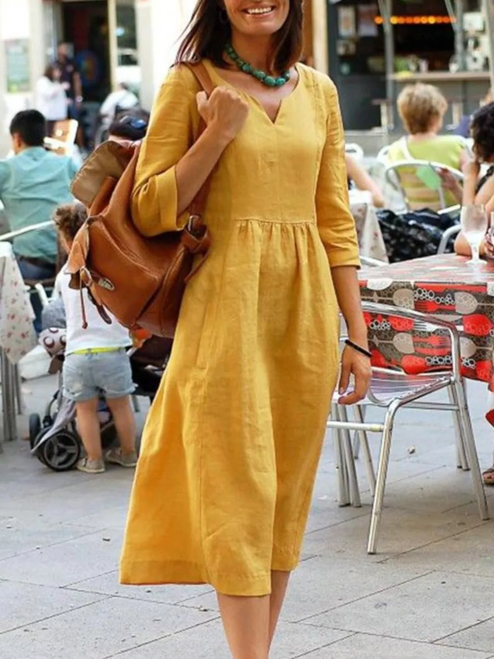Full Size Notched 3/4 Sleeve Midi Dress Plus Size, image 5