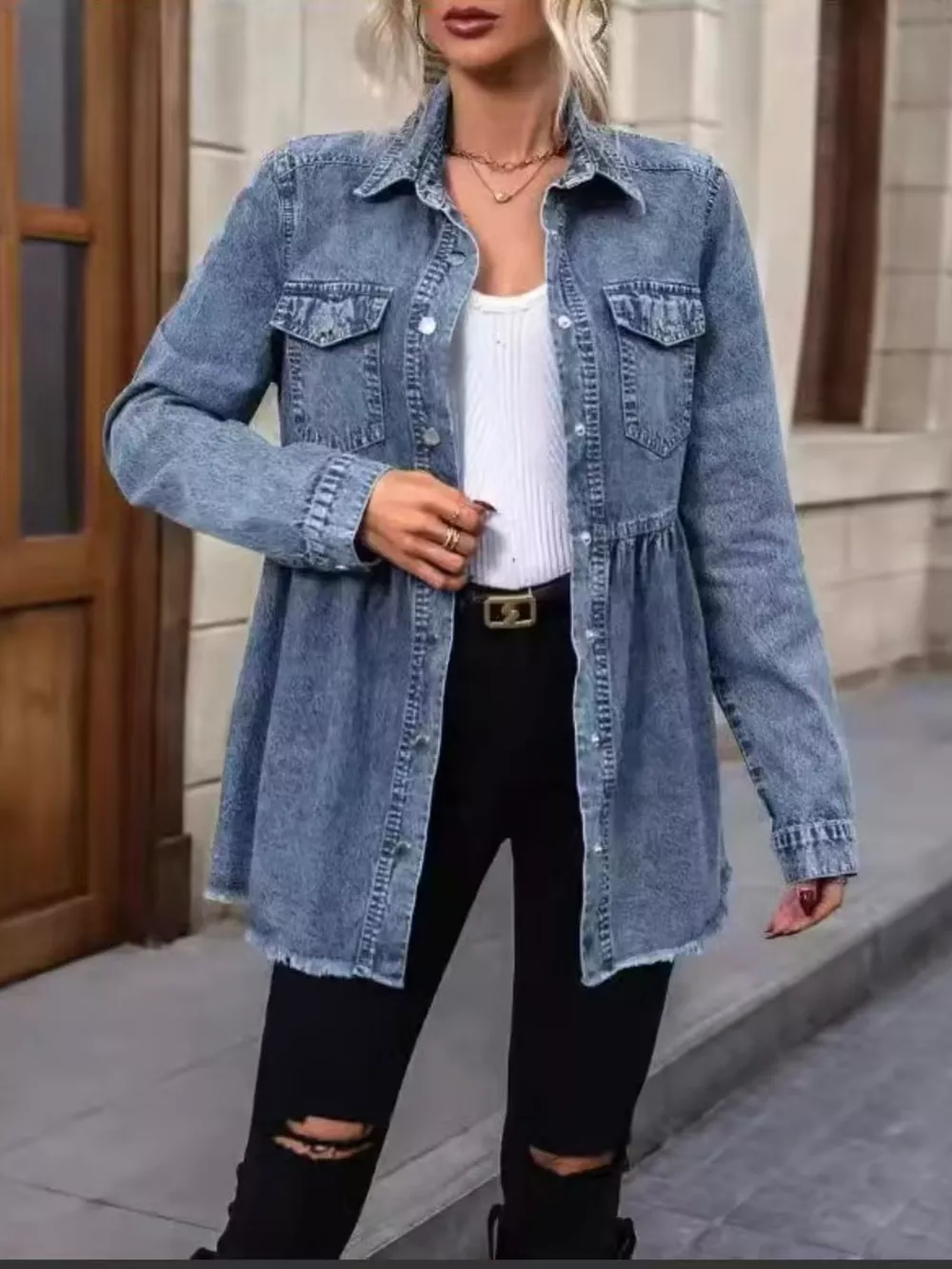 Peplum Hem Denim Jacket with Button-Down Front, image 2