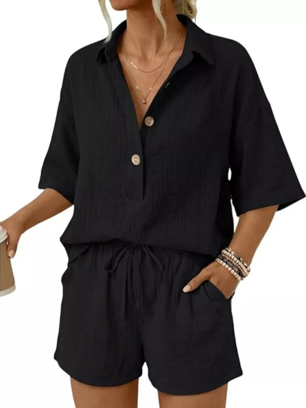 Linen Button Front Short Sleeve Top and Shorts Set, image 4