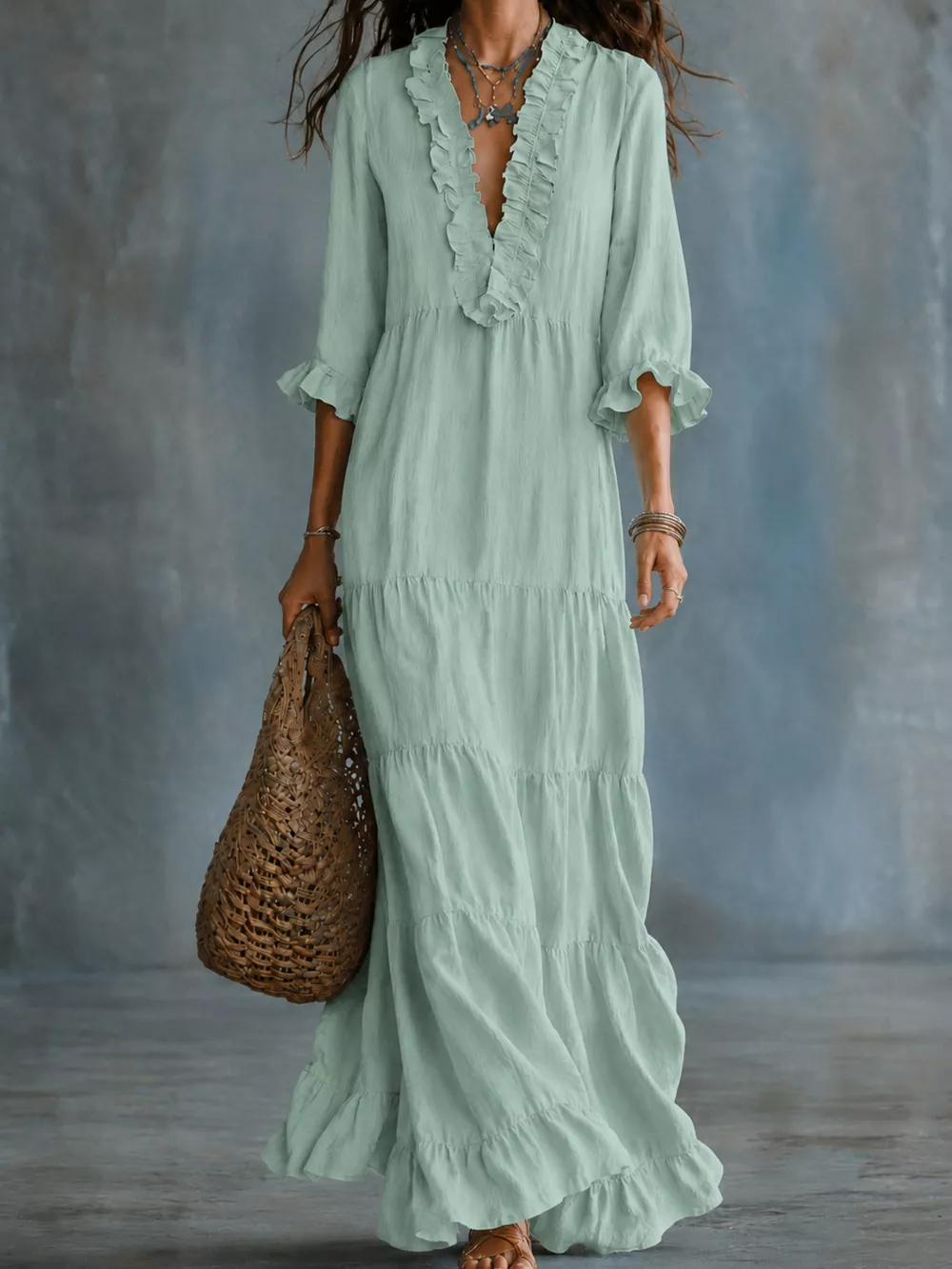 Ruffled V-Neck Tiered Maxi Dress, image 8