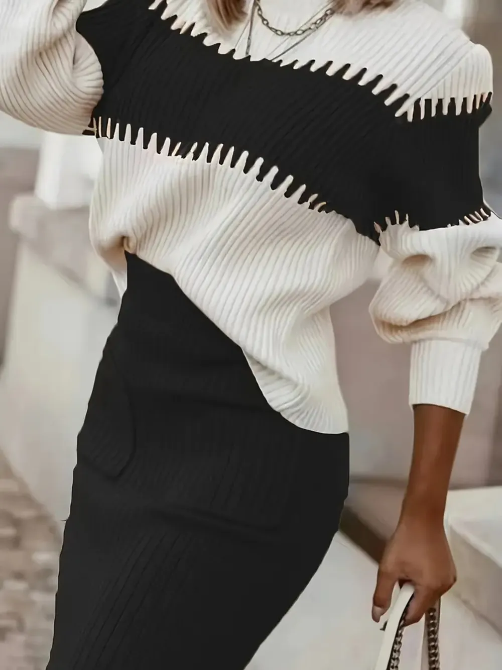 Two-Tone Ribbed Knit Top and Skirt Sweater Set, image 14