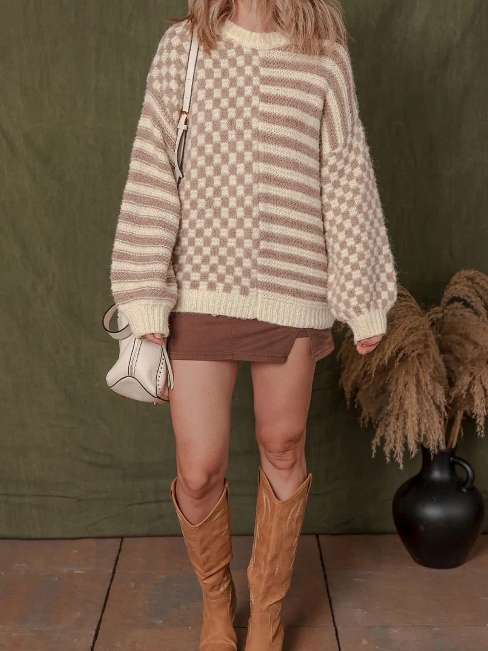 Stripe Checkerboard Drop Shoulder Balloon Sleeve Sweater, image 6