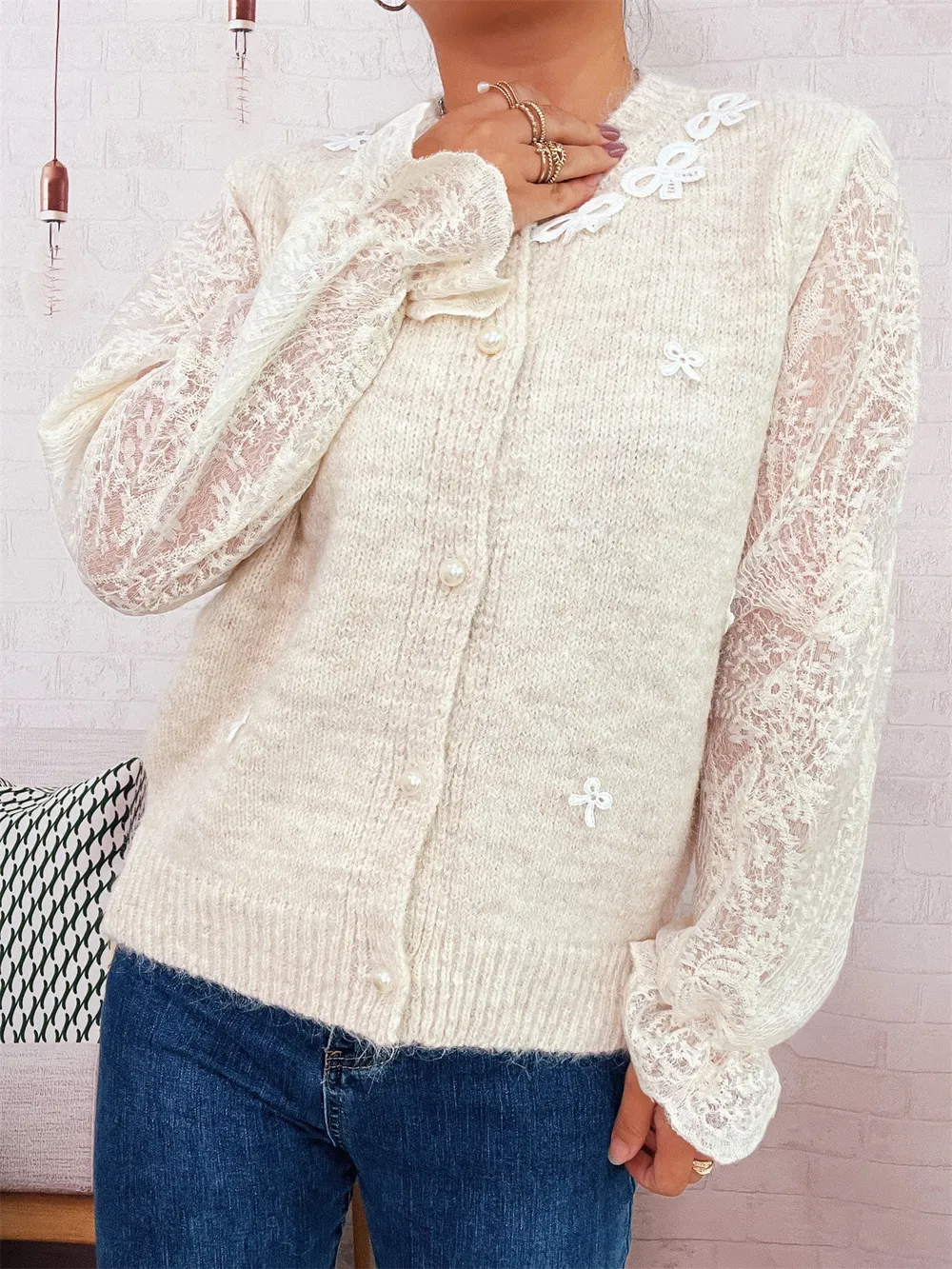 Lace Sleeve Button-Up Cardigan, image 4