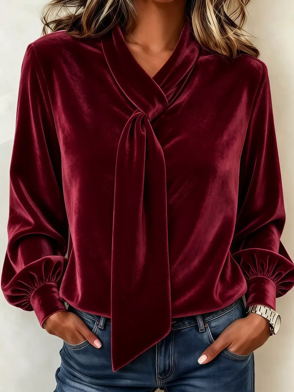 Full Size Velvet Tie-Neck Long Sleeve Blouse Plus Size, image 5