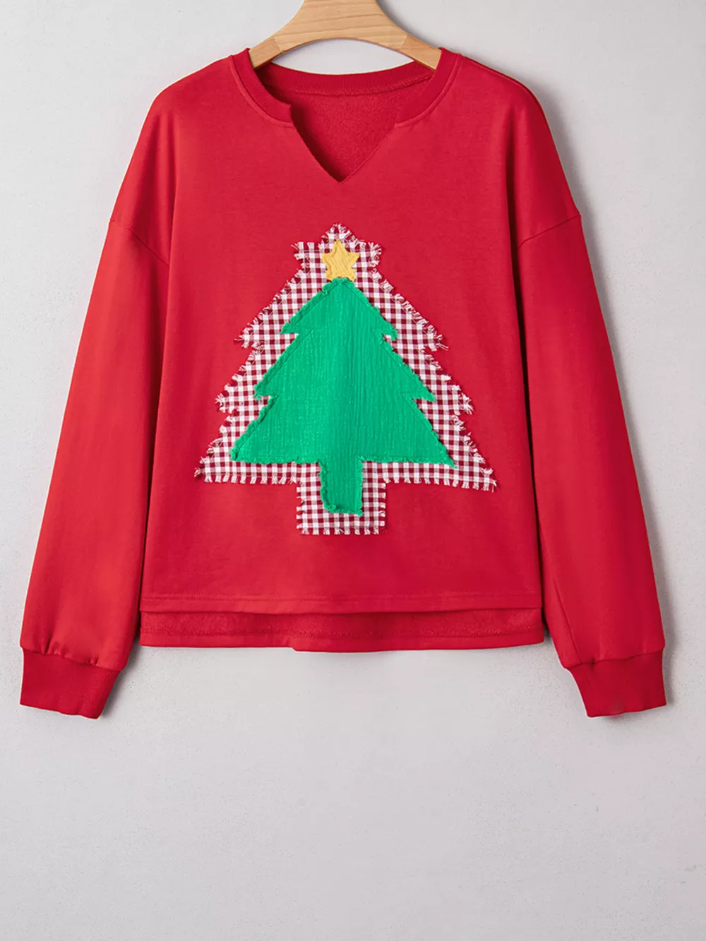 Plaid Frayed Double Christmas Tree Patched Drop Shoulder Sweatshirt, image 11