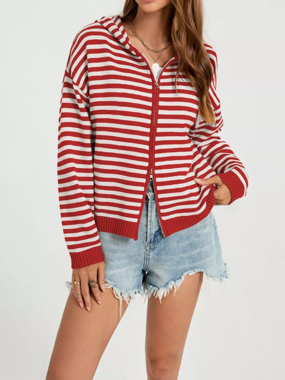 Striped Hooded Zip-Up Knit Cardigan, image 2