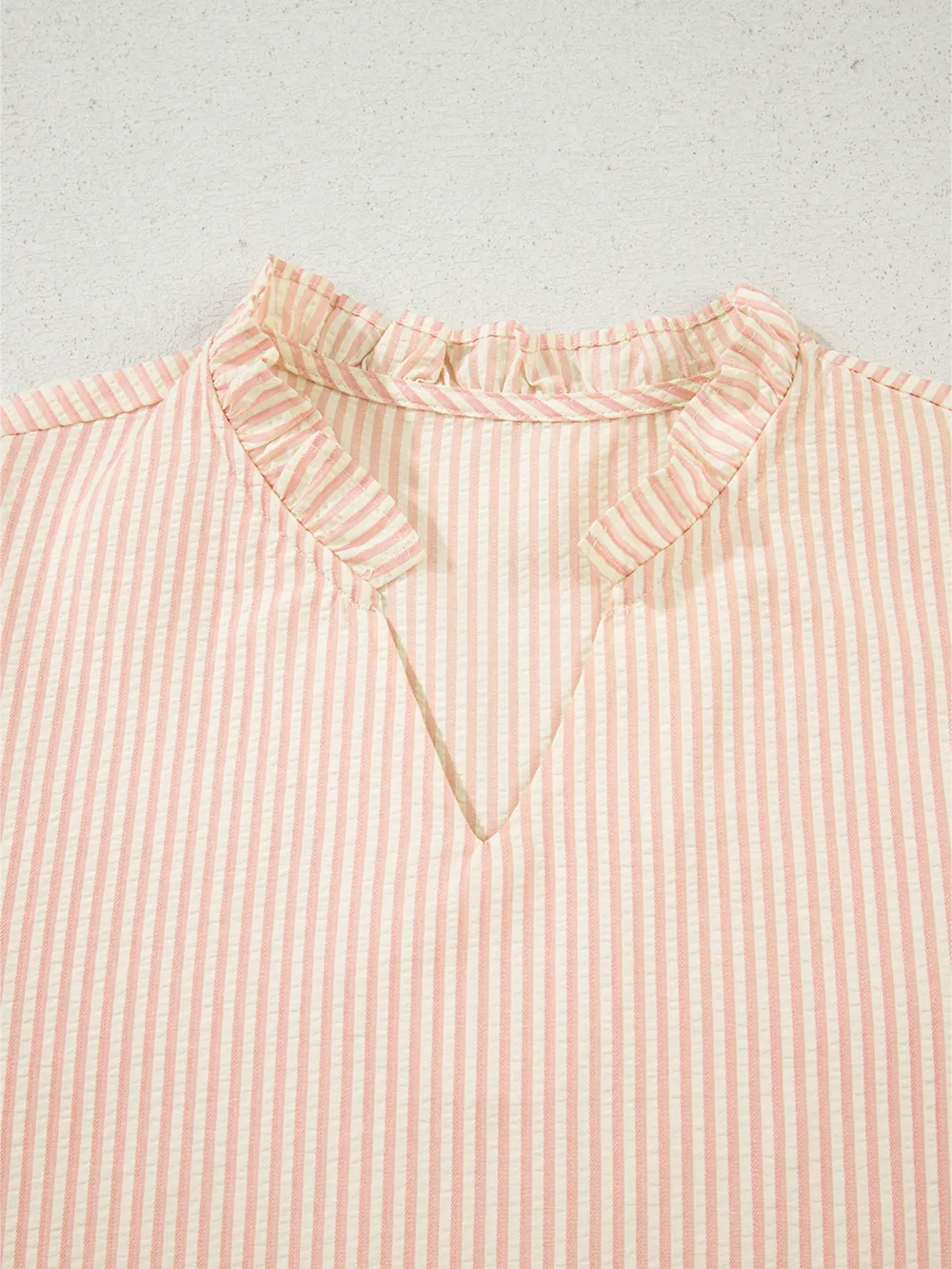 Stripe Bow Knot Cuff Pearl Embellished Puff Sleeve V Neck Blouse, image 8