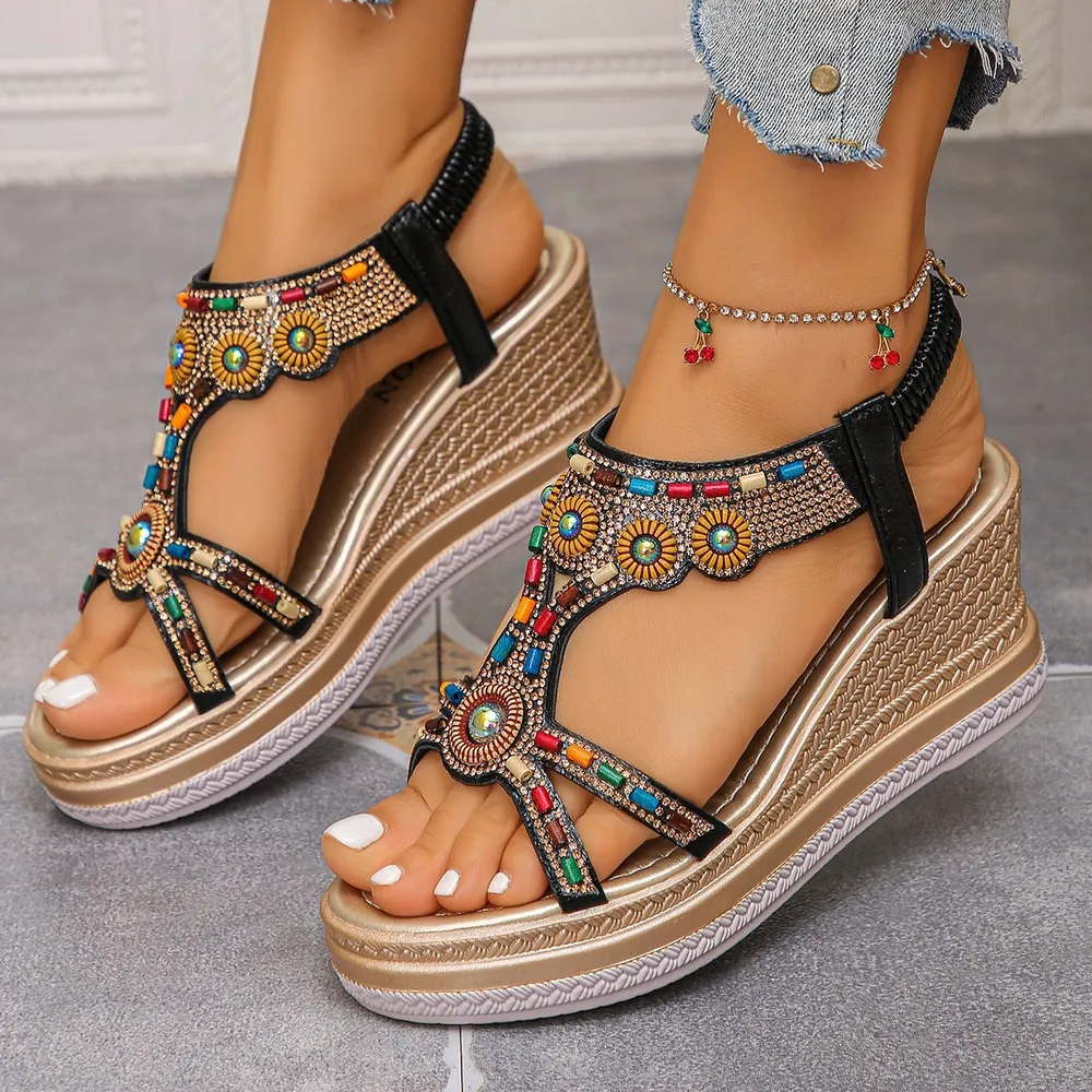 Beaded Open Toe Wedge Sandals, image 2