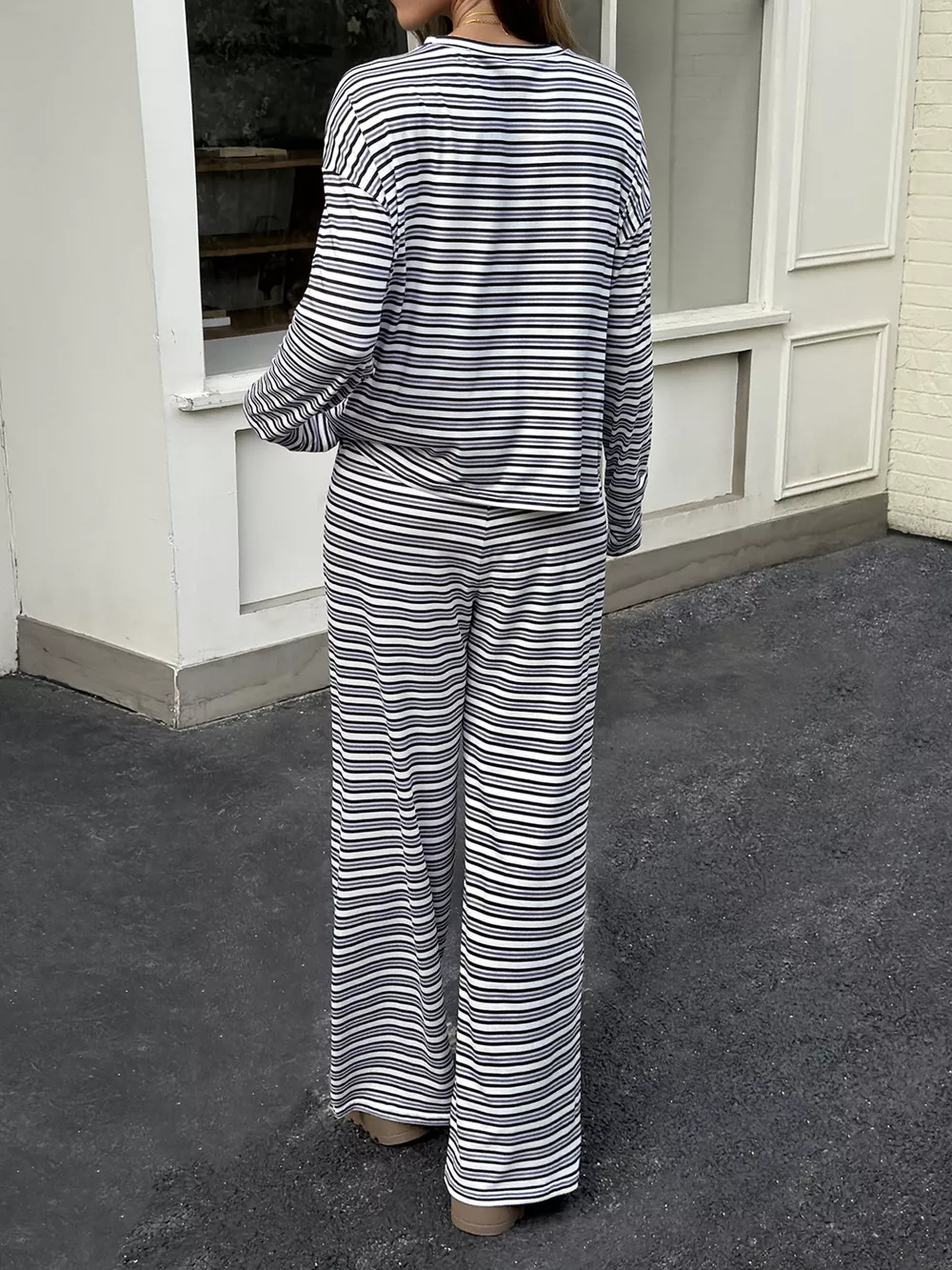 Striped Casual Long Sleeve Top and Wide Leg Pants Set, image 5