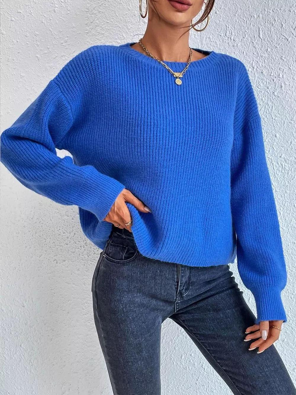 Ribbed Knit Dropped Shoulder Sweater, image 2