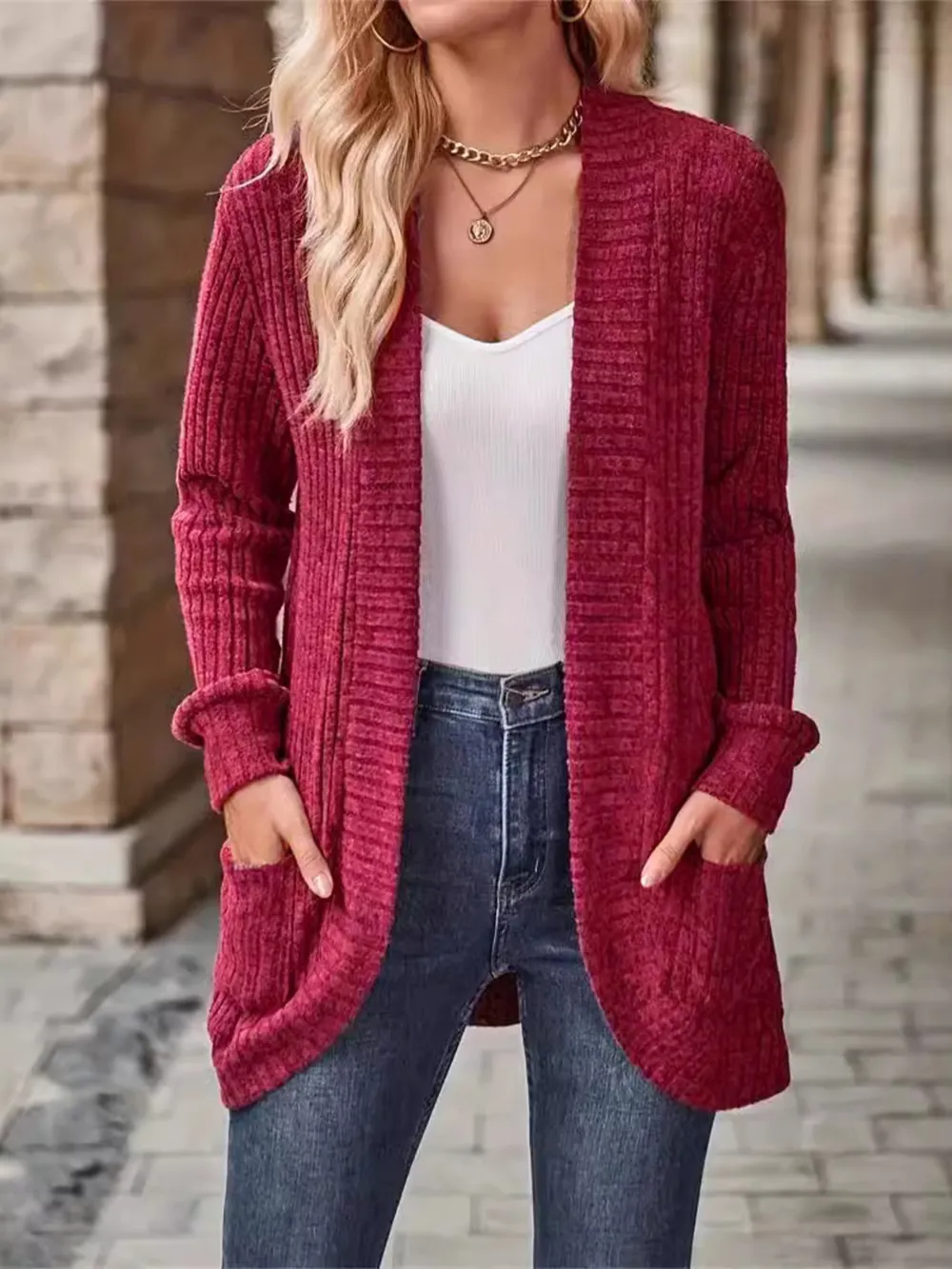 Ribbed Open Front Long Cardigan with Pockets, image 28