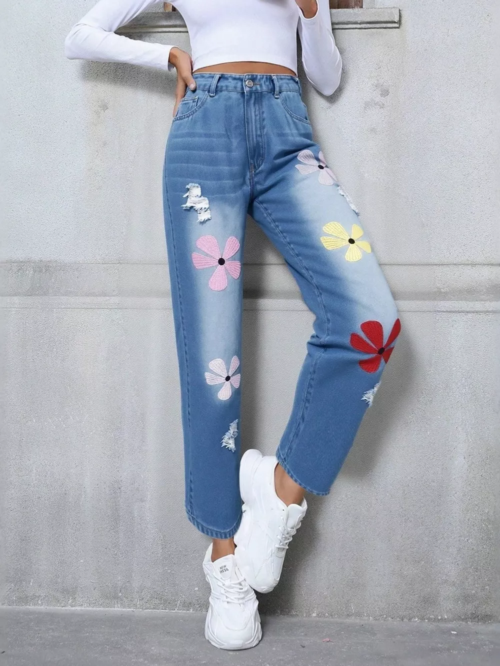 Floral Embroidered High Waist Distressed Jeans, image 4