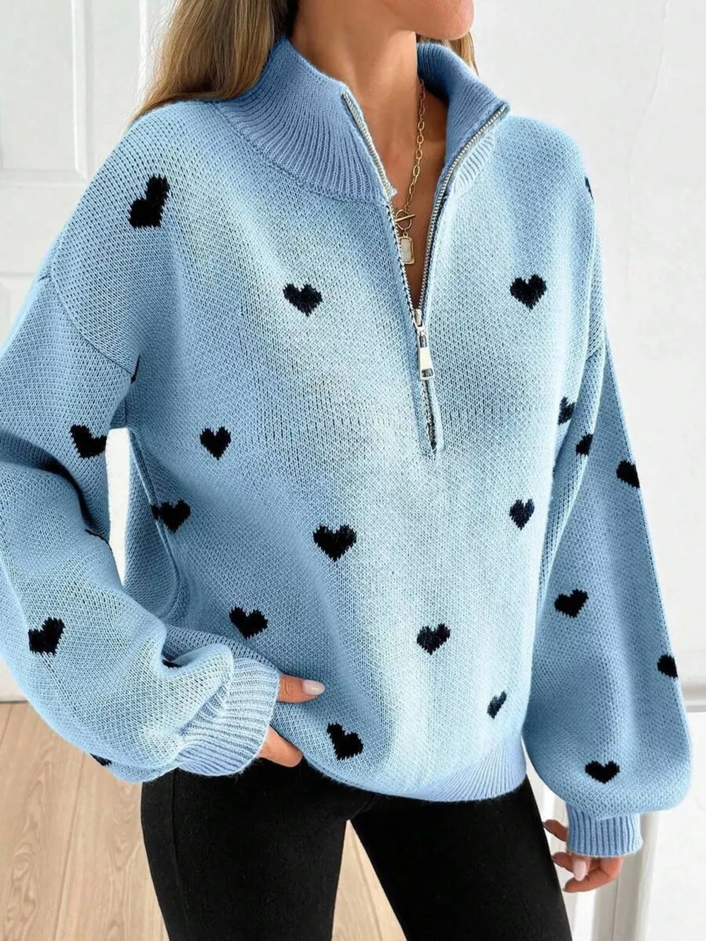 Full Size Heart Half-Zip Long Sleeve Sweater Plus Size, image 8