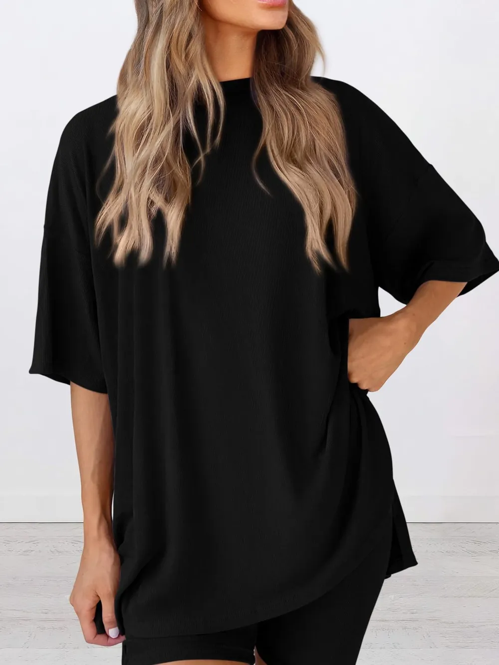 Full Size Oversized Slit Round Neck Top and Shorts Lounge Set Plus Size, image 25