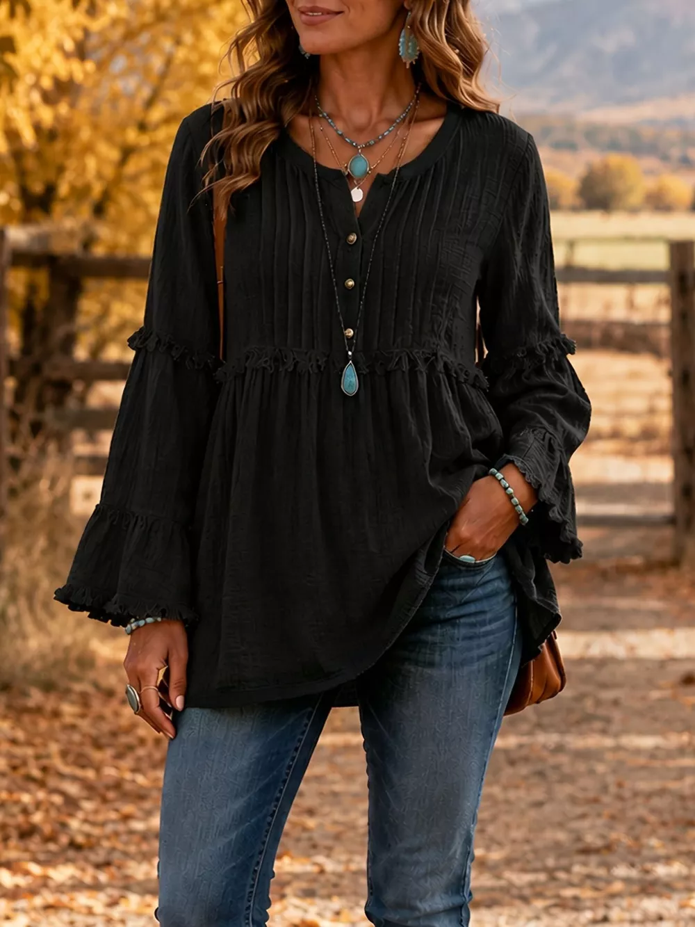 Full Size Fringe Trim Ruffle Sleeve Blouse Plus Size, image 3