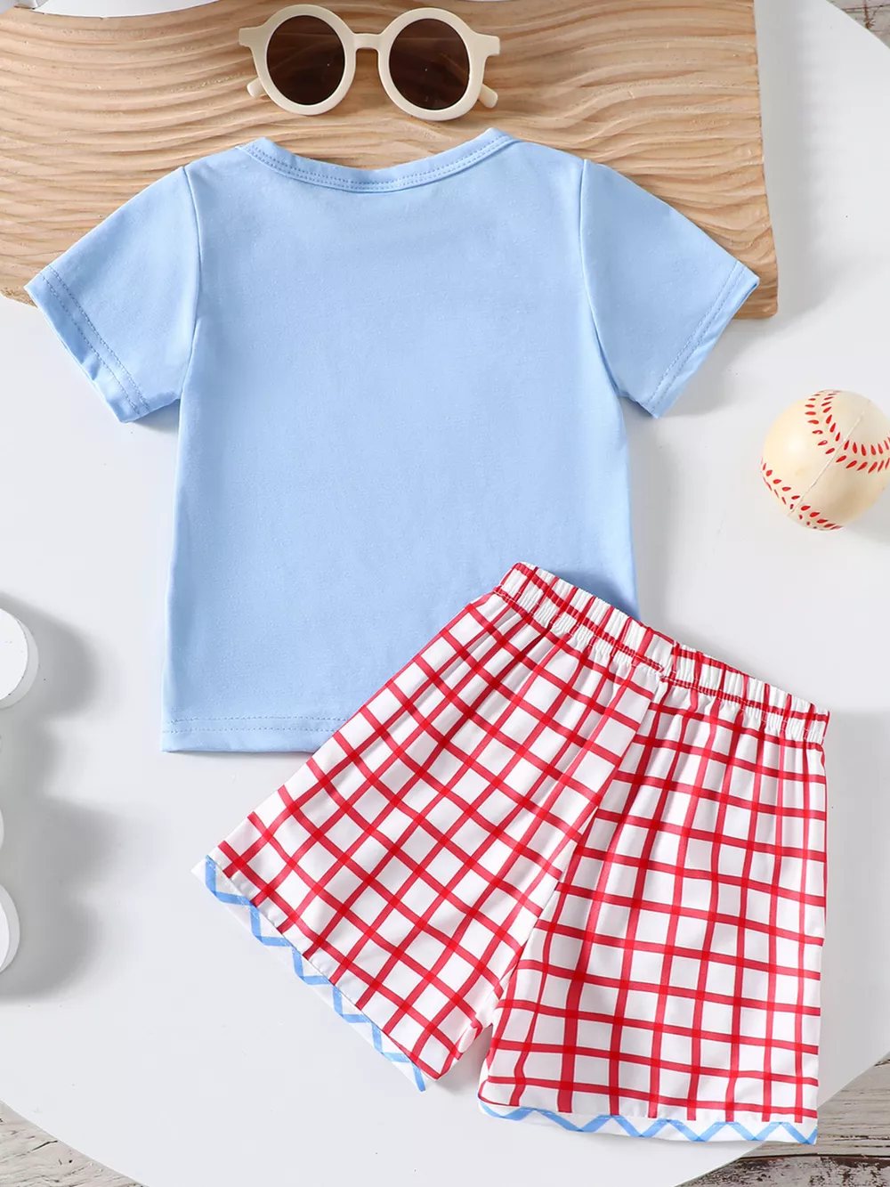 Children's Baseball Embroidered Top & Plaid Shorts Set, image 9