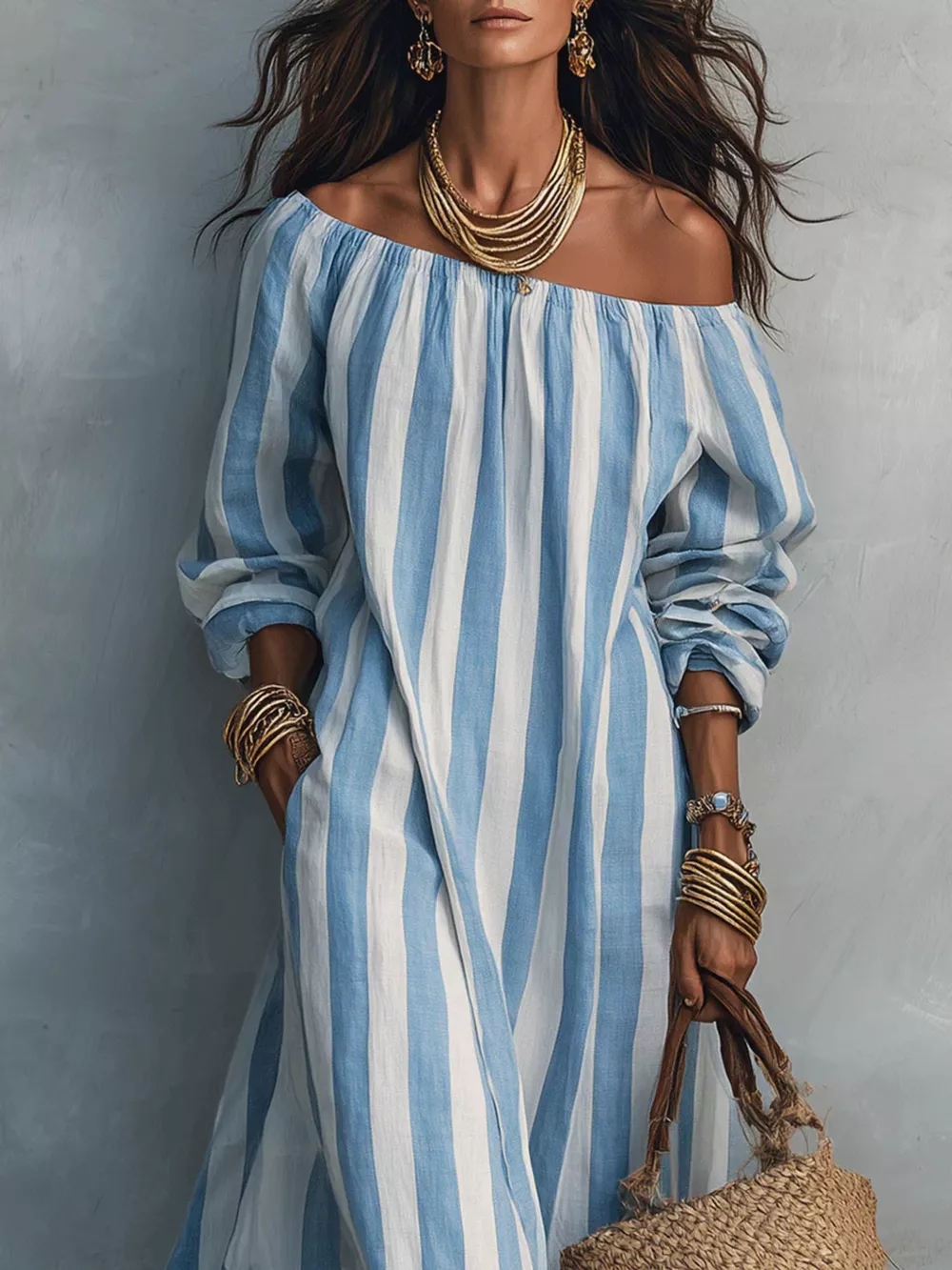 Off-Shoulder Striped Maxi Dress, image 2