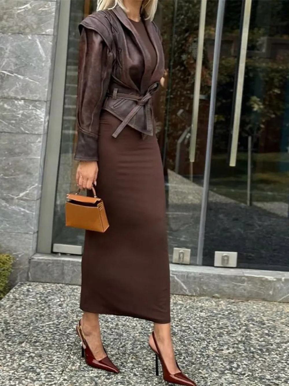 Belted Leather Jacket with Shawl Collar, image 2