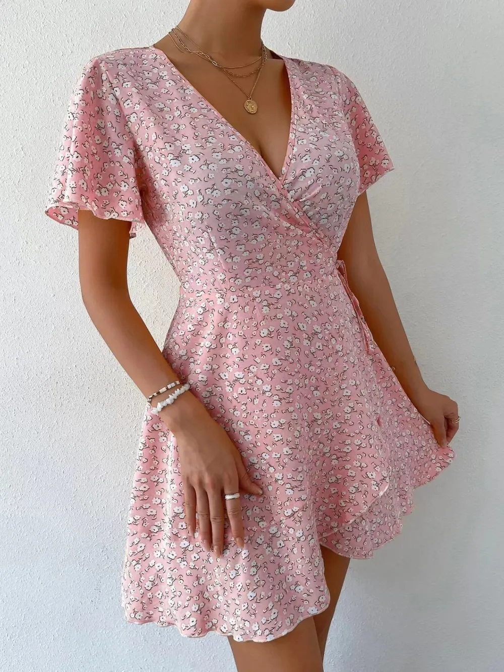 Floral Flutter Sleeve Wrap Mini Dress, image 21