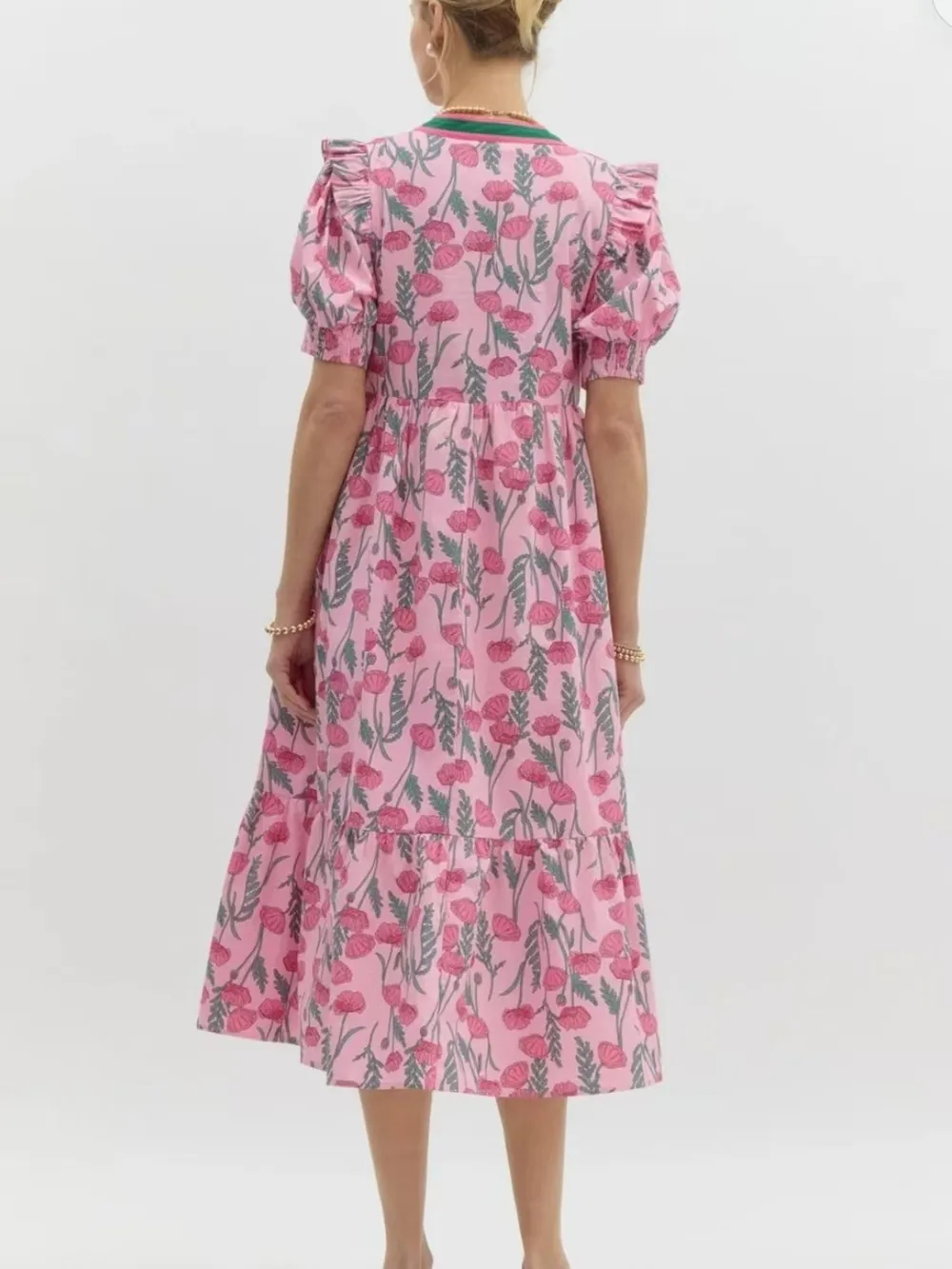 Floral Puff Sleeve Midi Dress with Contrast Trim, image 6
