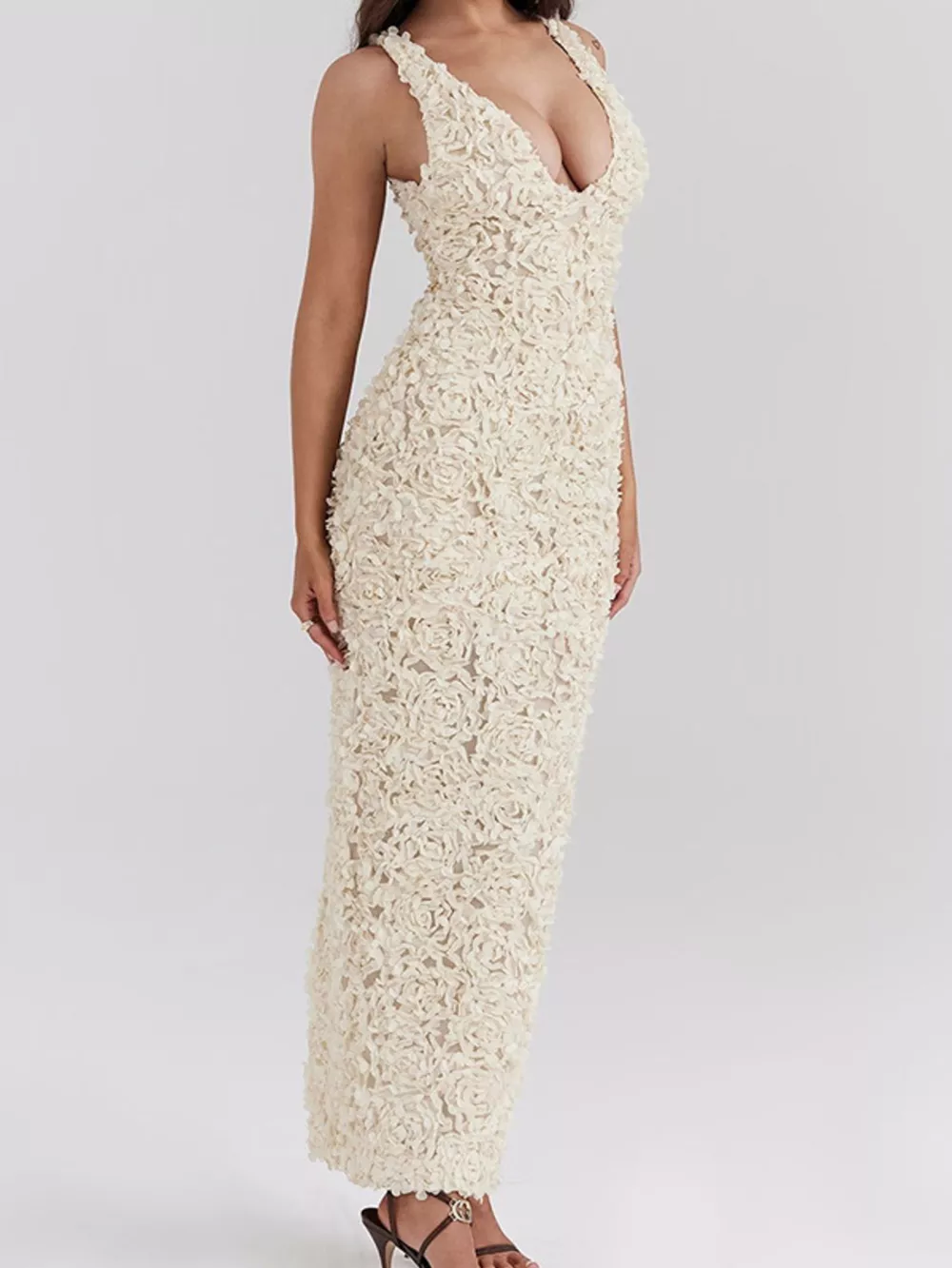 Floral Applique Deep V-Neck Maxi Dress, image 3