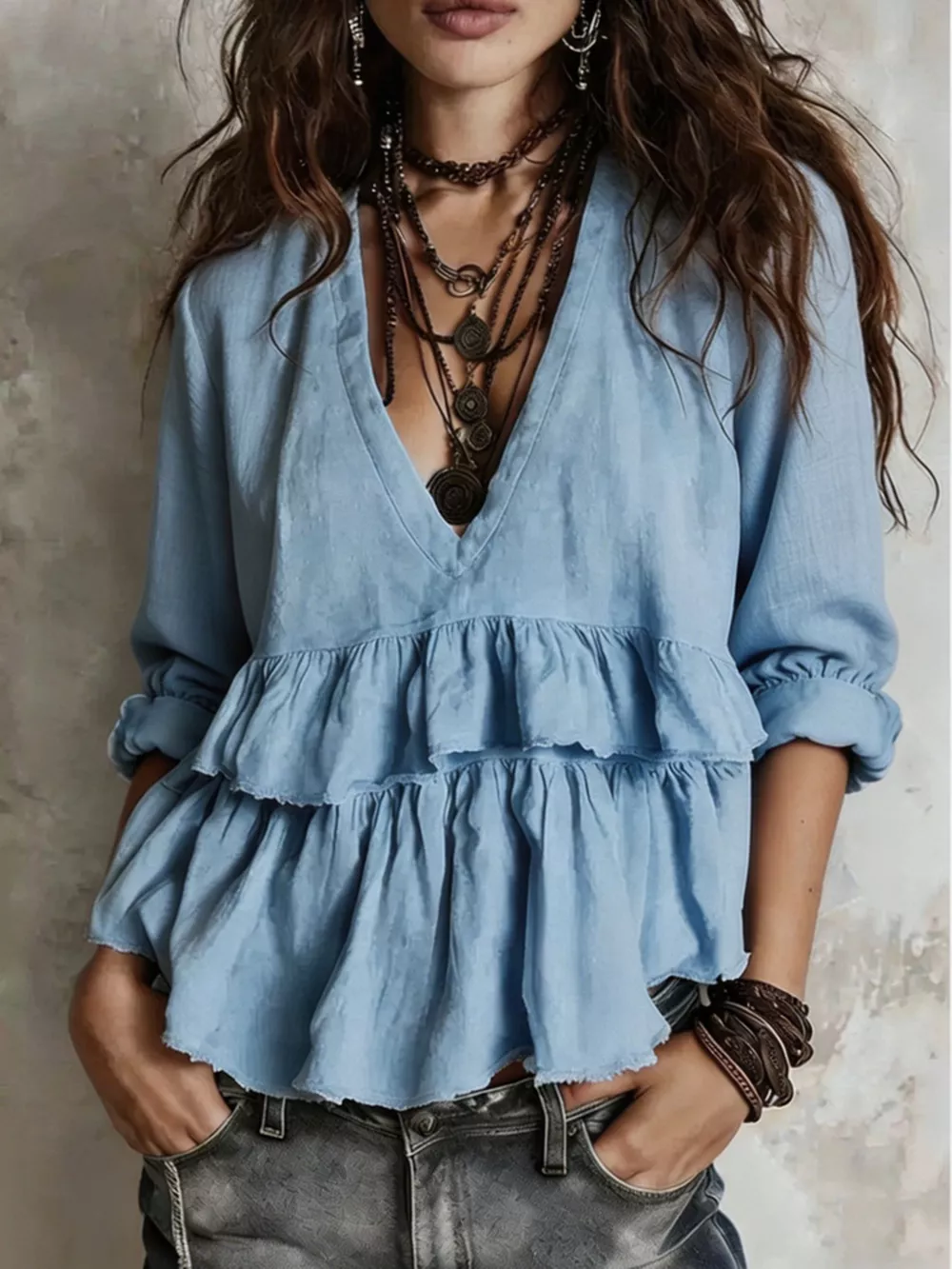 Full Size Ruffled Hem V-Neck Blouse Plus Size, image 11