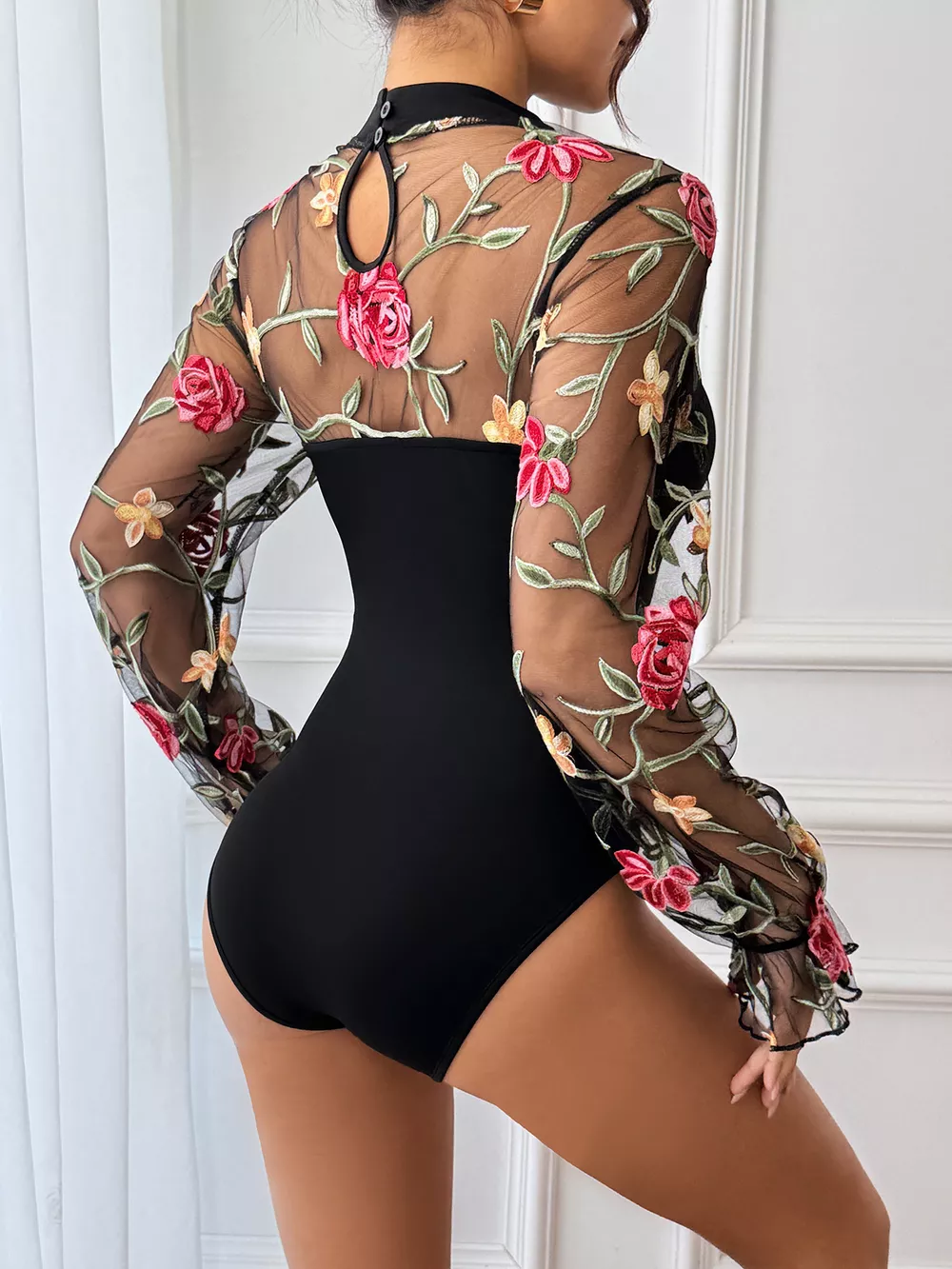 Floral Embroidered Mesh Long Sleeve Bodysuit, image 7
