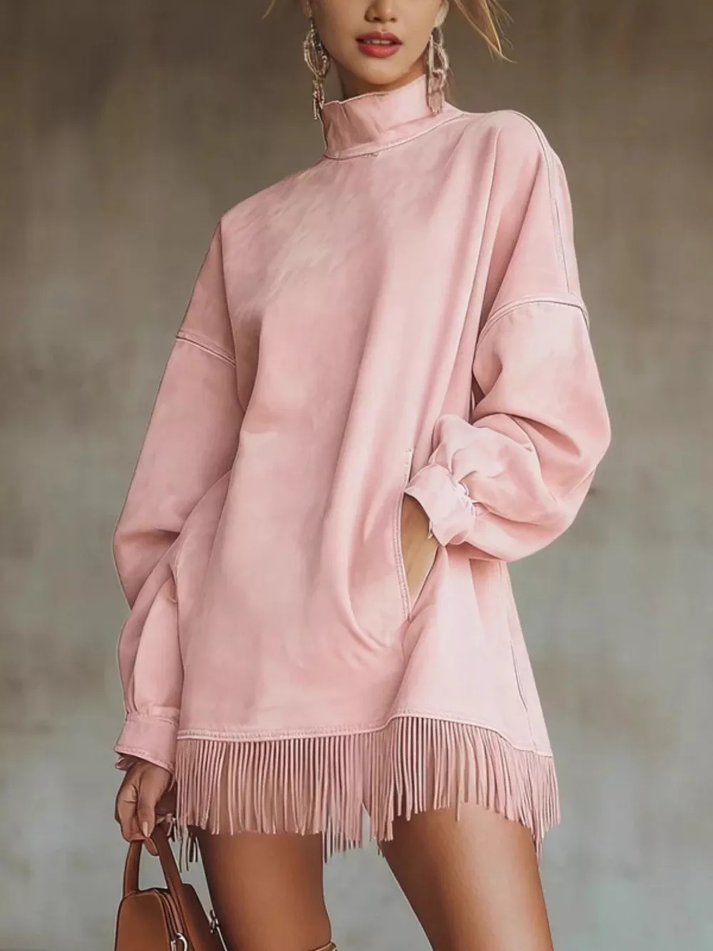 Full Size Mock Neck Fringed Hem Long Sleeve Mini Dress Plus Size, image 2