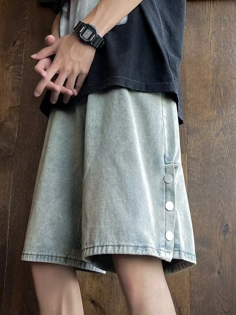 Men's Plus Size Loose Fit Wash Denim Shorts, image 5