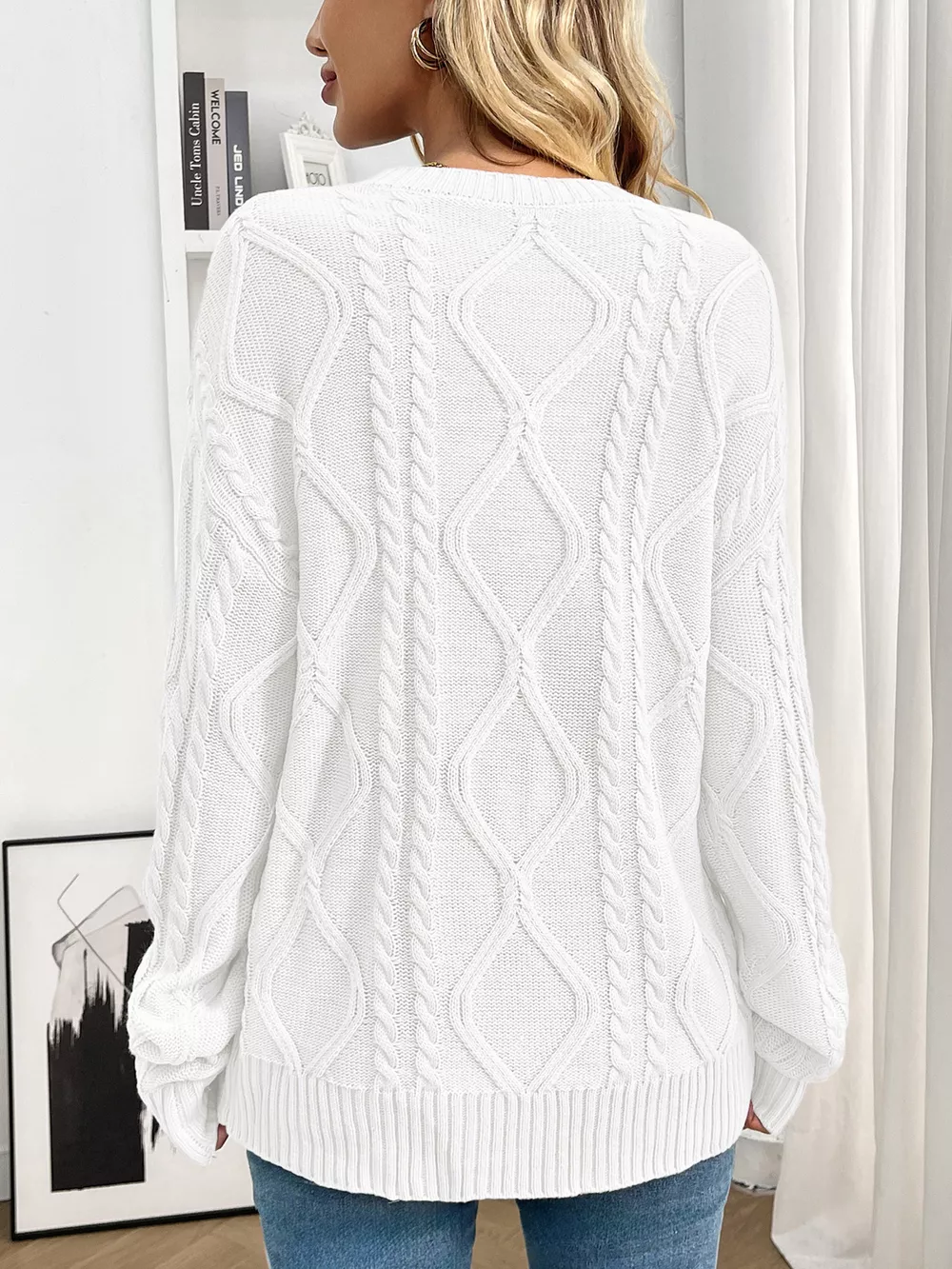 Cable Knit Round Neck Long Sleeve Sweater, image 11