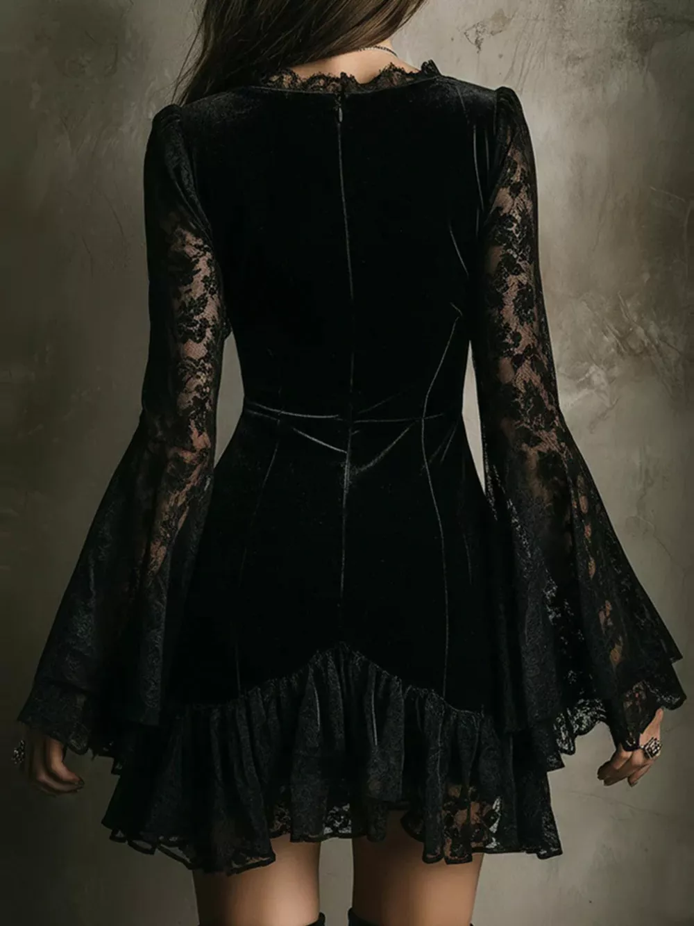 Velvet Lace Trim V-Neck Mini Dress, image 3